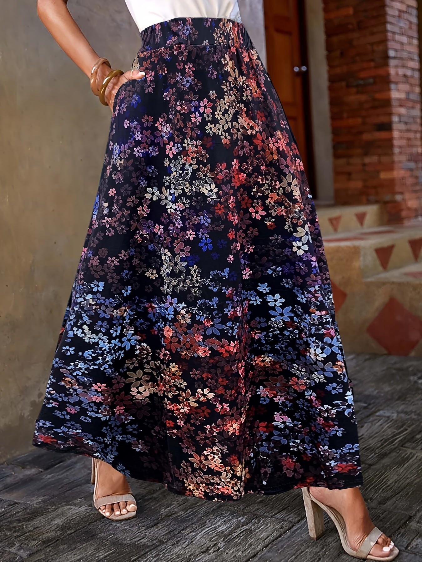 Women's Floral Skirt Plus Size Elastic Waist All-Season Pockets