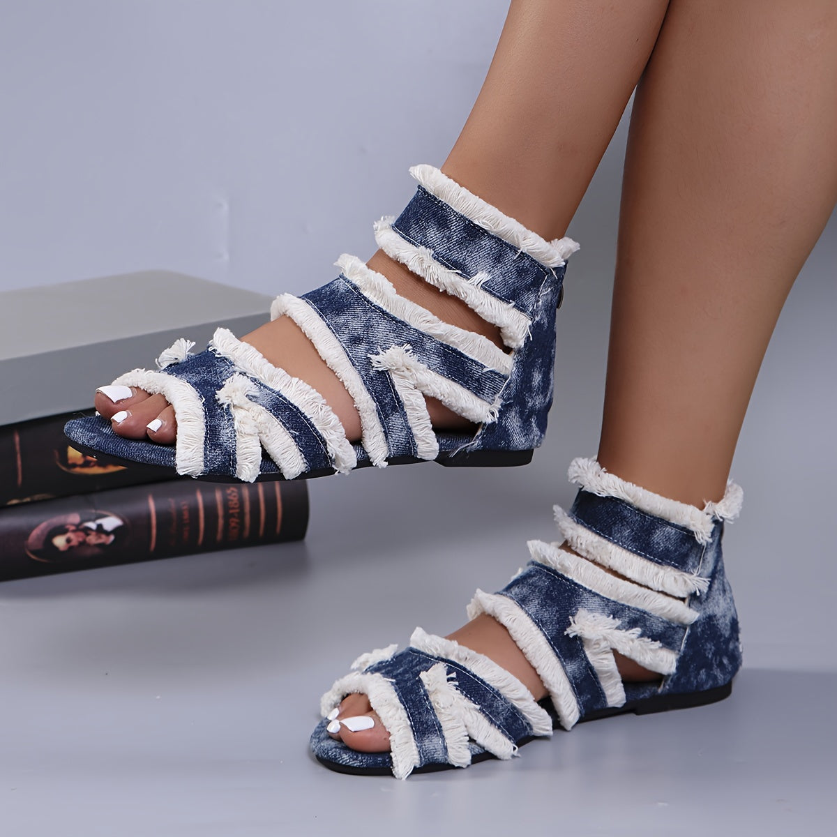 Women's White Frayed Edge Roman Flat Sandals Open-Toe Summer Footwear