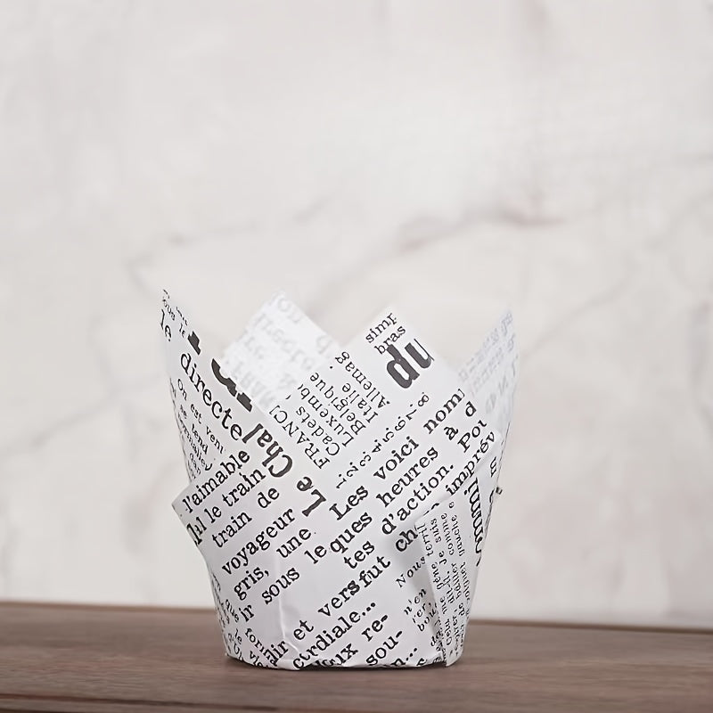 Set of 50 Disposable Tulip Muffin Cups with Cloud Stripes Newspaper Pattern, Greaseproof Paper Liners