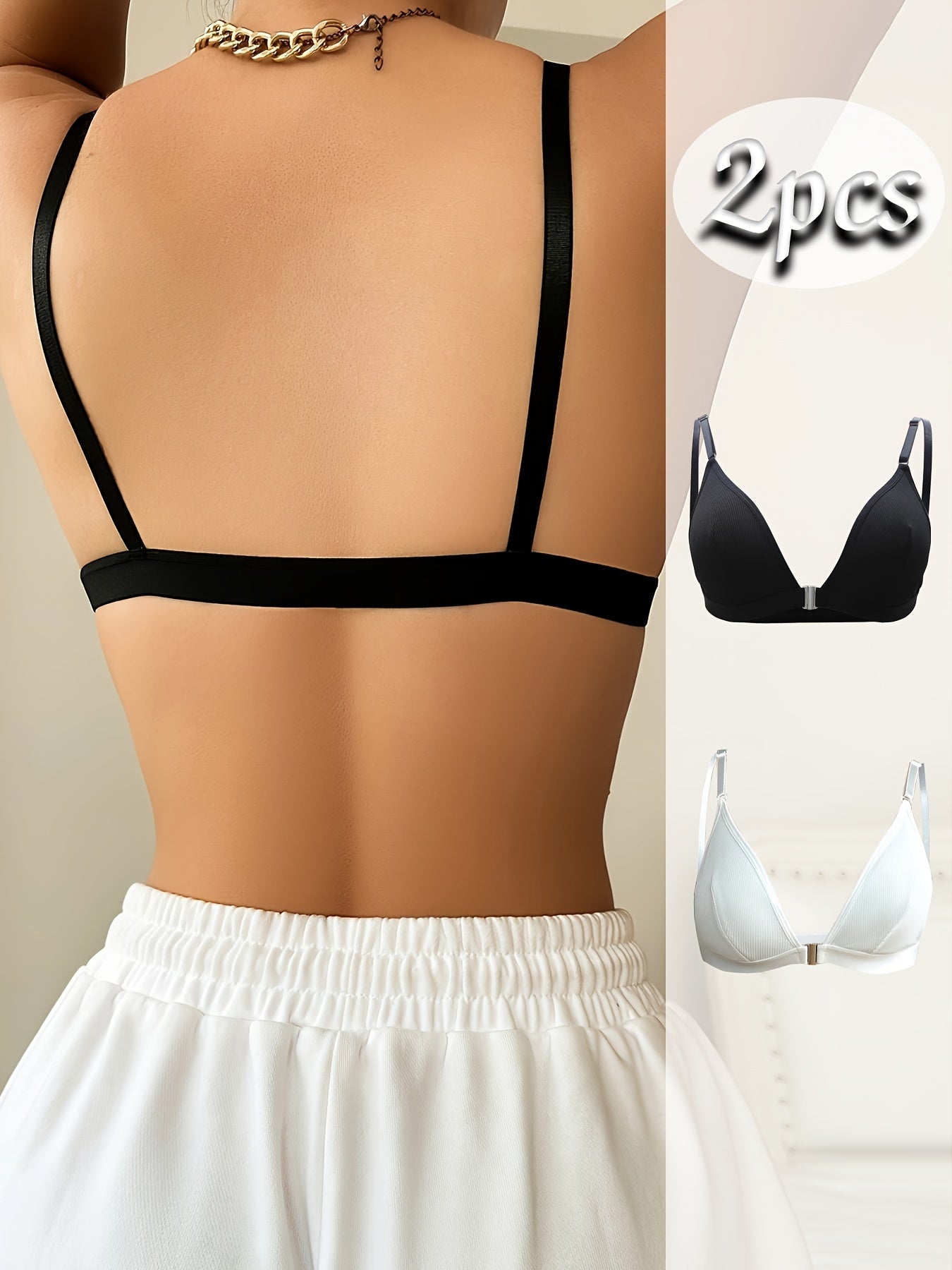 2-Pack Women's Push Up Bras Wireless Solid Color Knit Fabric Black White