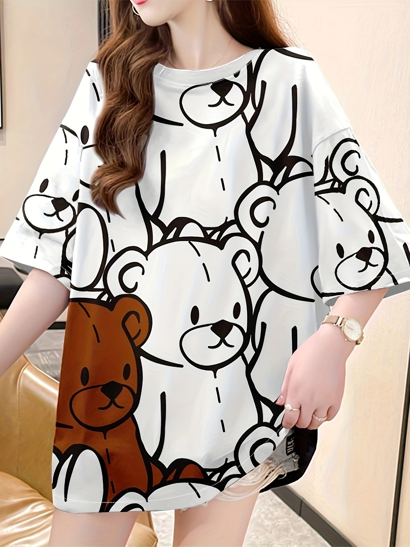 Women's Casual Bear Print Long Sleeve Crew Neck T-Shirt Knit Fabric All Seasons