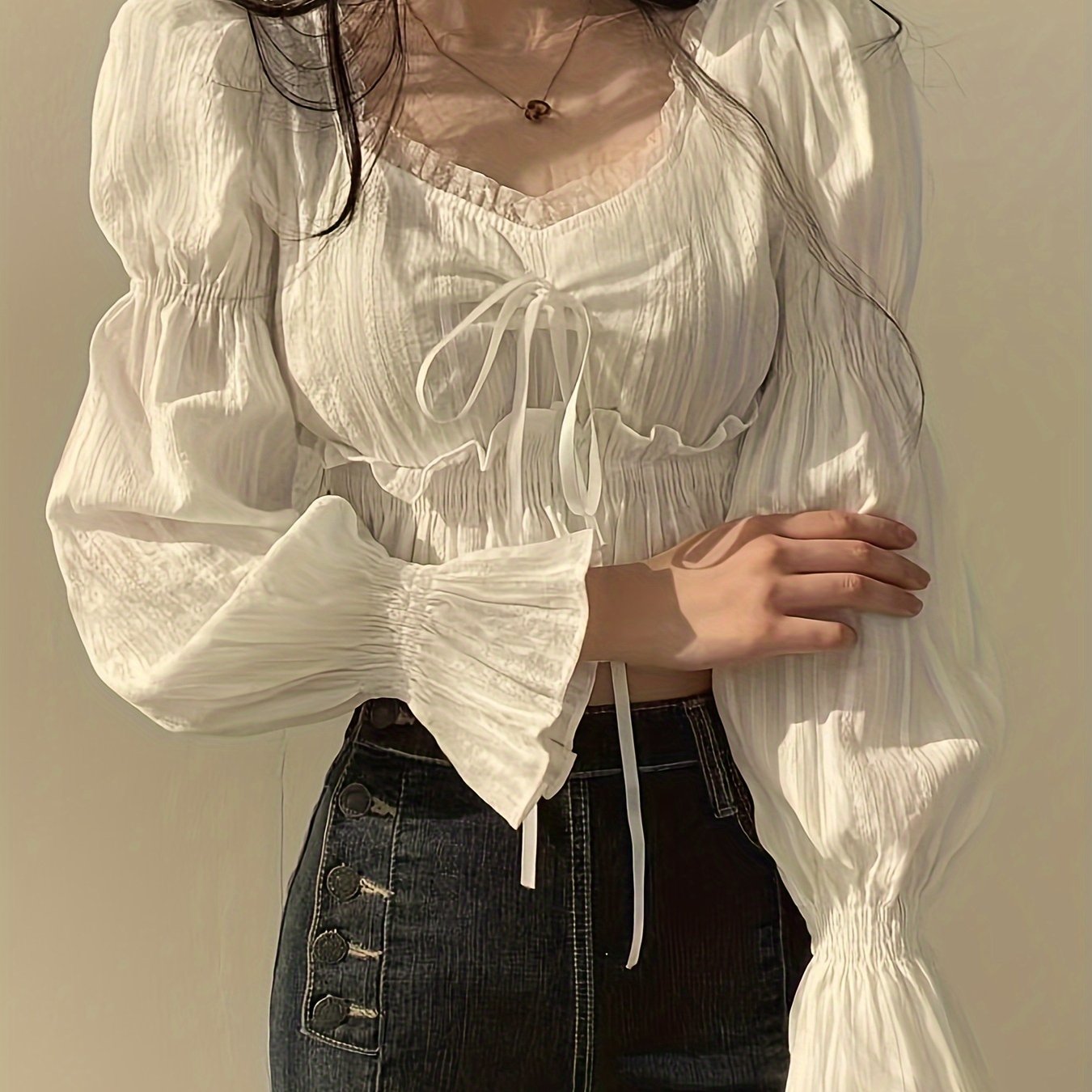 Women's White Cotton Shirt with Square Collar Long Sleeve Spring Autumn Casual
