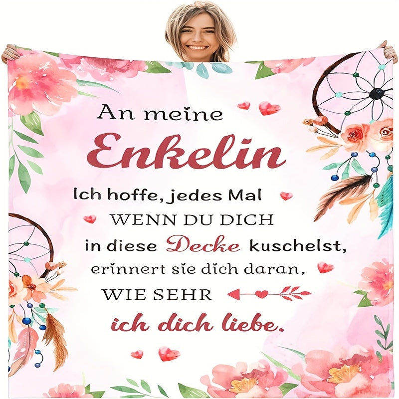 Flannel Floral Blanket with German Letter Print for Gifting and Multi-Purpose Use