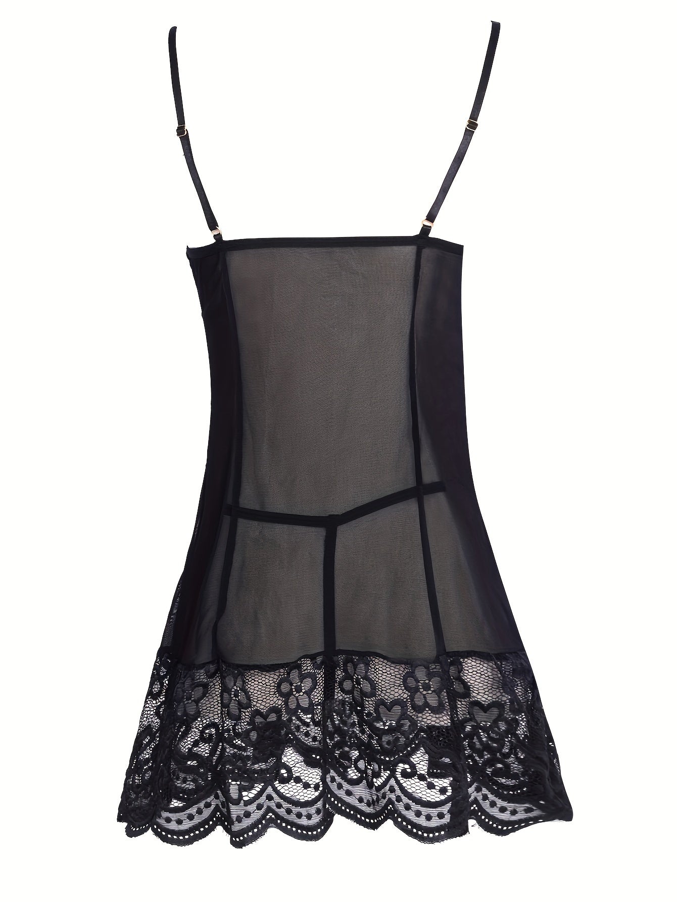 Women's Black Lace Lingerie Set with Sheer Slip Dress and Thong