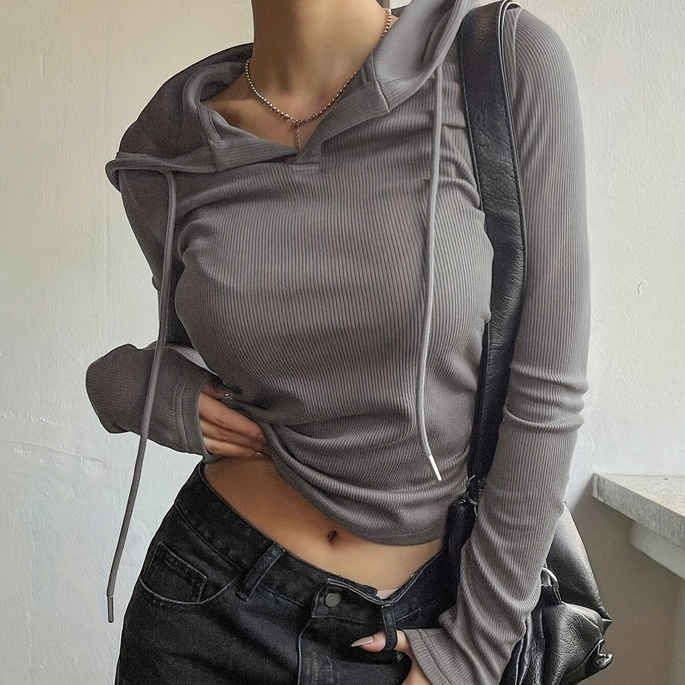 Women's Light Gray Hooded Crop Top with Drawstring, Polyester Blend, Spring Fall Casual