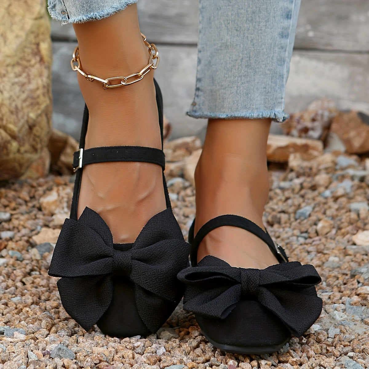 Women's Flats with Bow and T-Bar Closure Black Fabric Square Toe All-Season