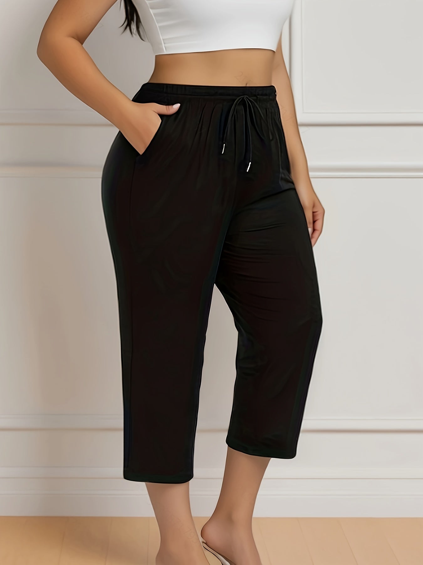 Pantalones capri con bolsillos sólidos de talla grande con cordón para mujer primavera verano casual cintura elástica