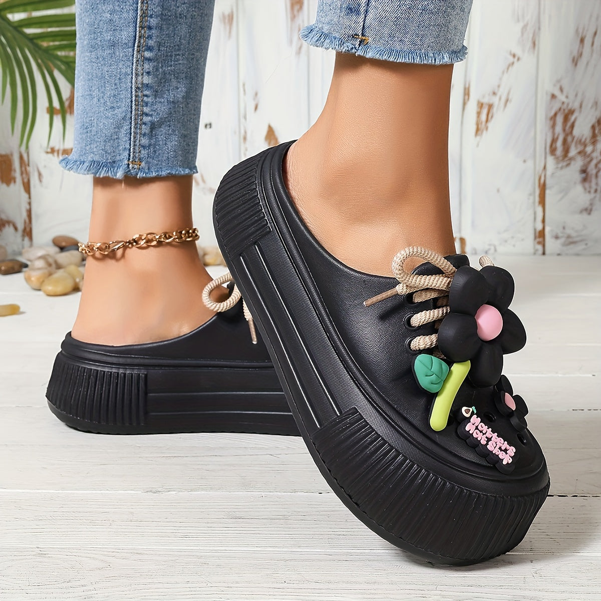 Women's Flower Decor Clogs, Casual Hollow Out Garden Shoes, Slip-On Beach Shoes