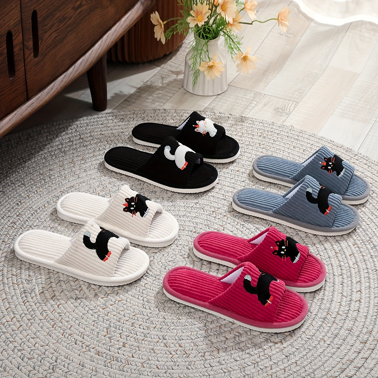 Women's Slip-On Cat Ear Slippers Soft Fabric Indoor Shoes All-Season