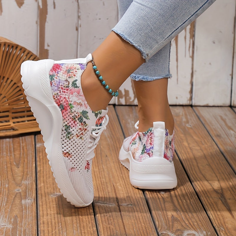Zapatillas de punto con estampado floral para mujer, zapatillas de correr de caña baja con cordones