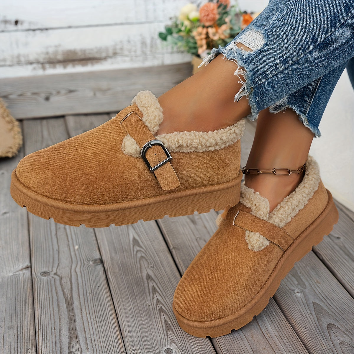 Women's Fleece-Lined Ankle Boots Casual Solid Color Mid Heel Platform Shoes