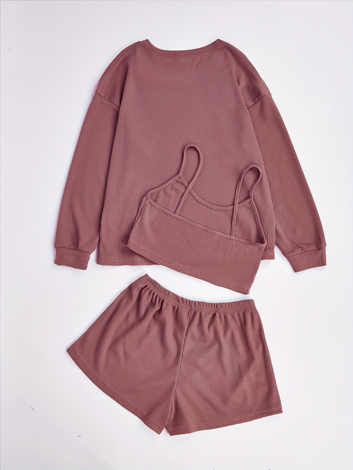 Adult Waffle Knit Pajama Set 3-Piece Solid Color All-Season Polyester Elastane