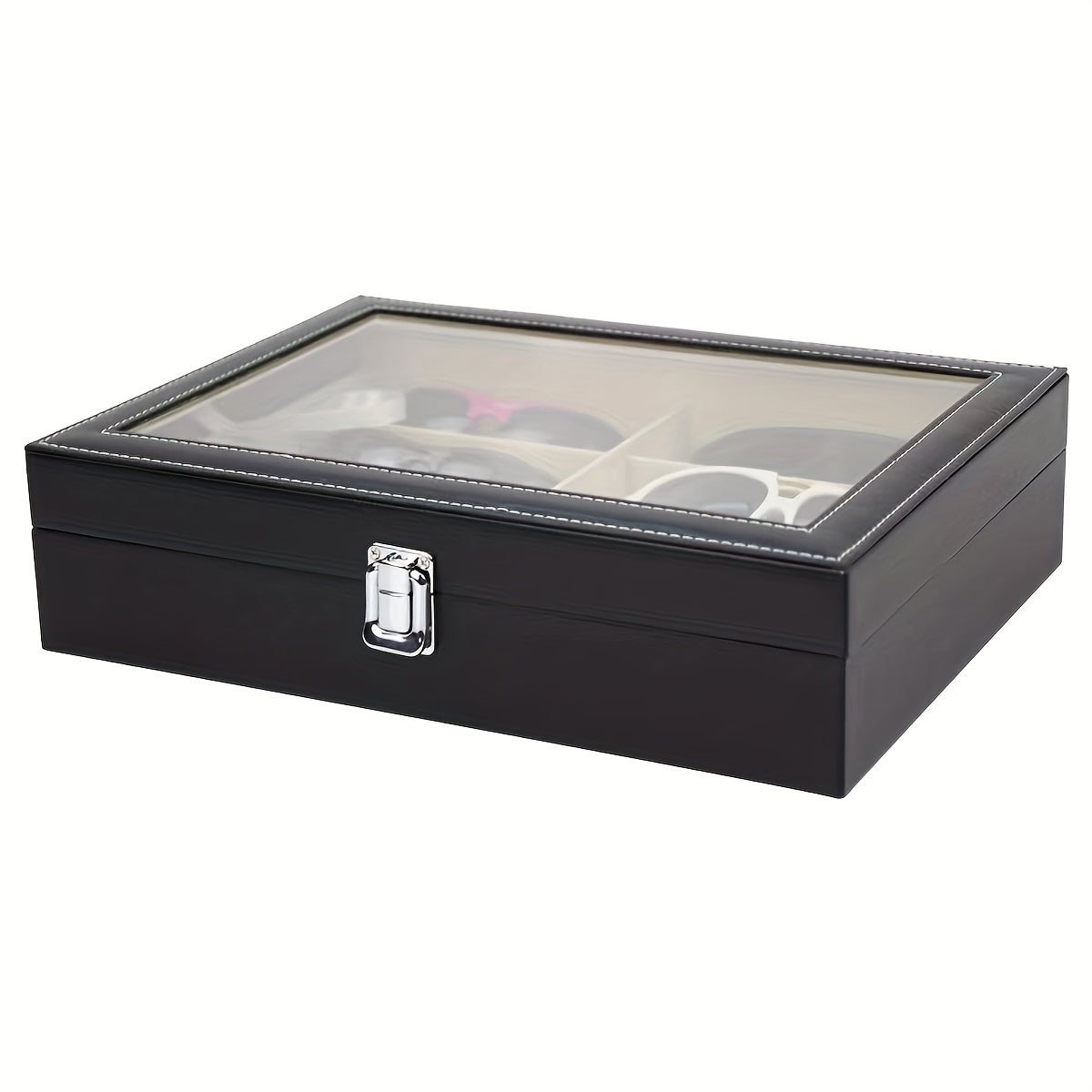 Qora faux charm organizatori, qulflangan, 12 ta bo'lakli ko'p qavatli saqlash