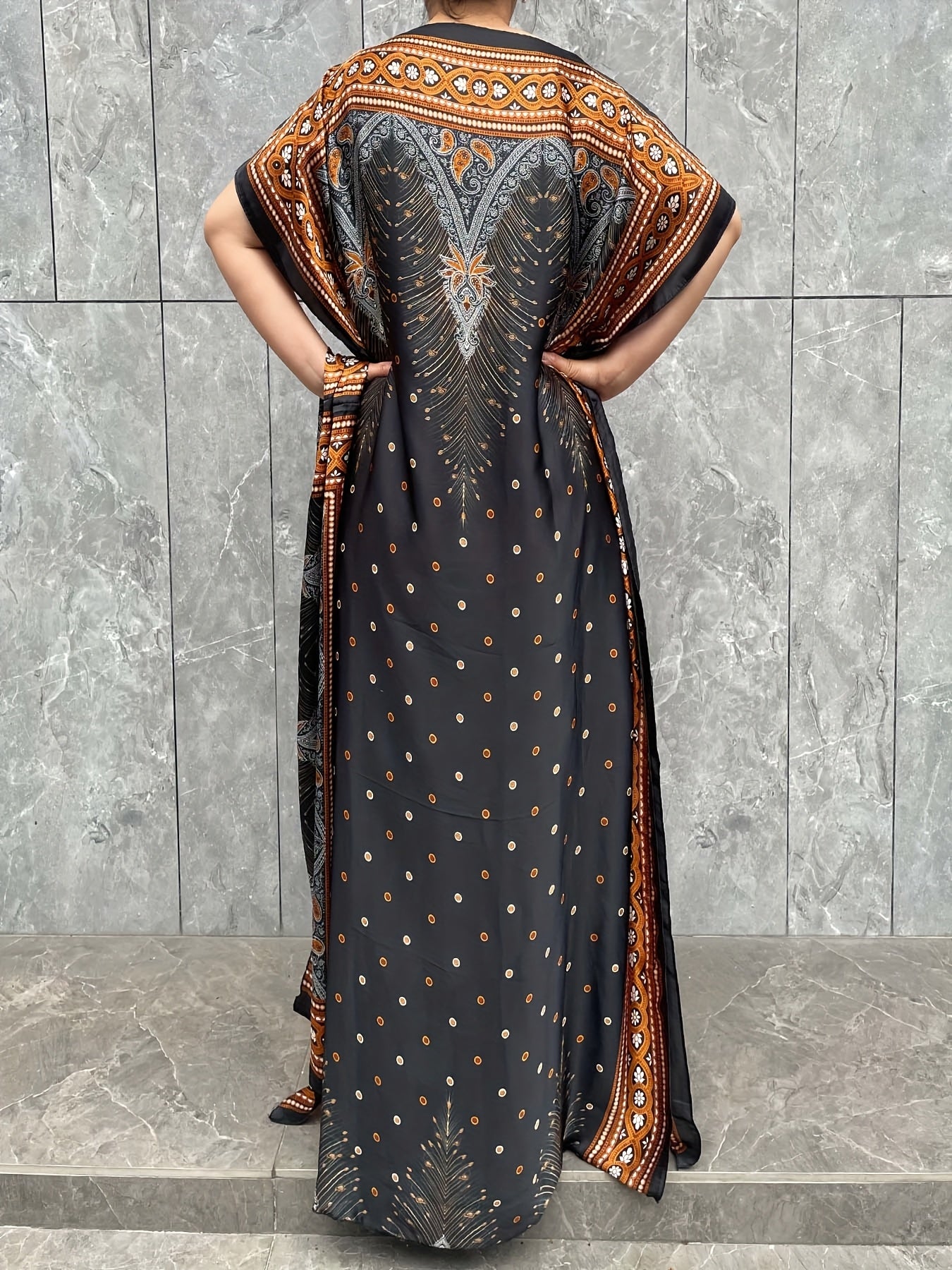 Plus Size Floral Kaftan Dress Longline Batwing Sleeve Lightweight Polyester