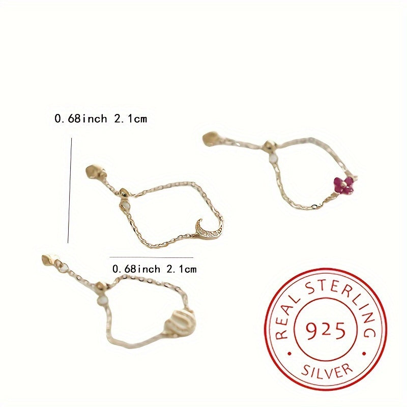 Adjustable Silver Ring for Women with Moon and Flower Charms