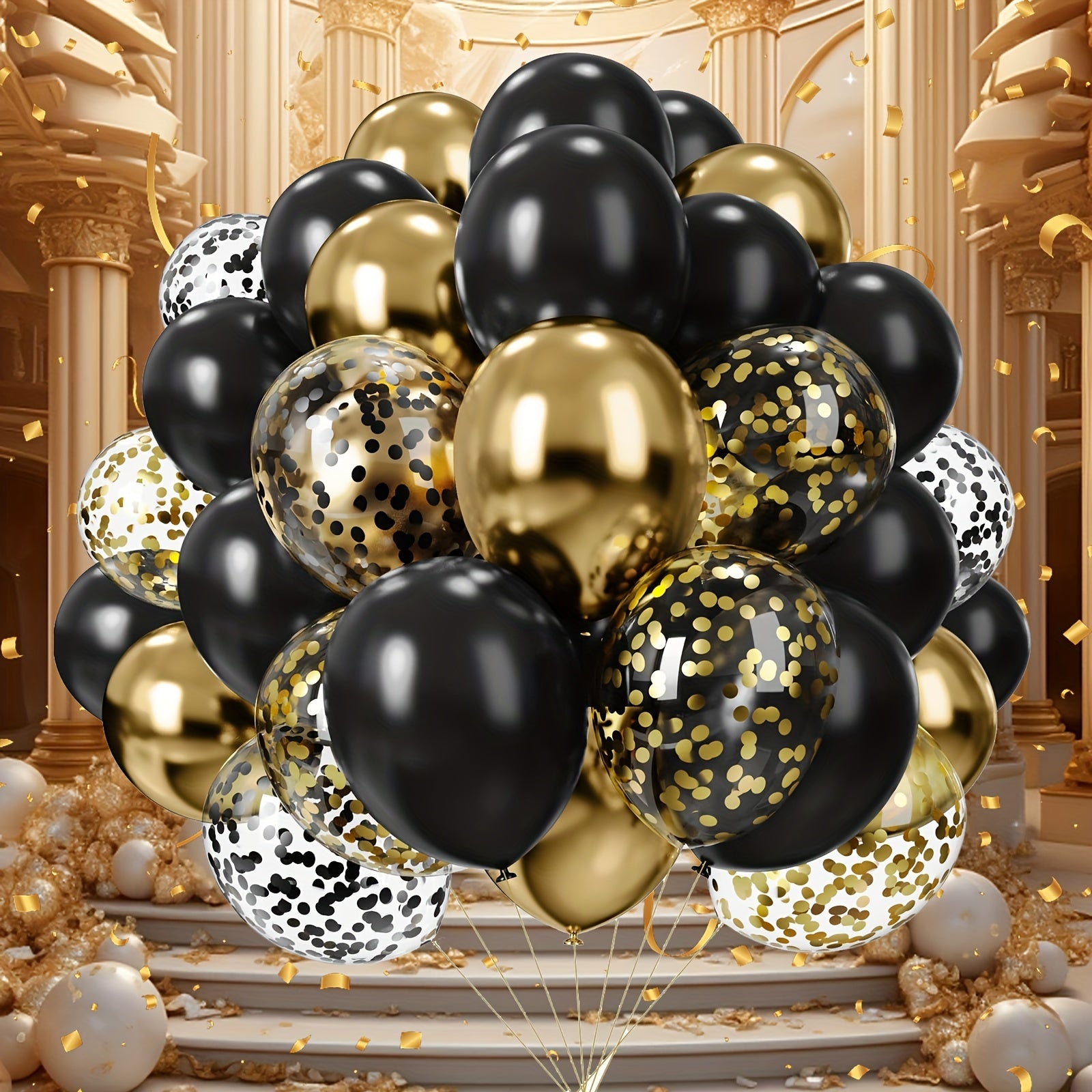 Black and Gold Confetti Latex Balloons for Celebrations Set of 52