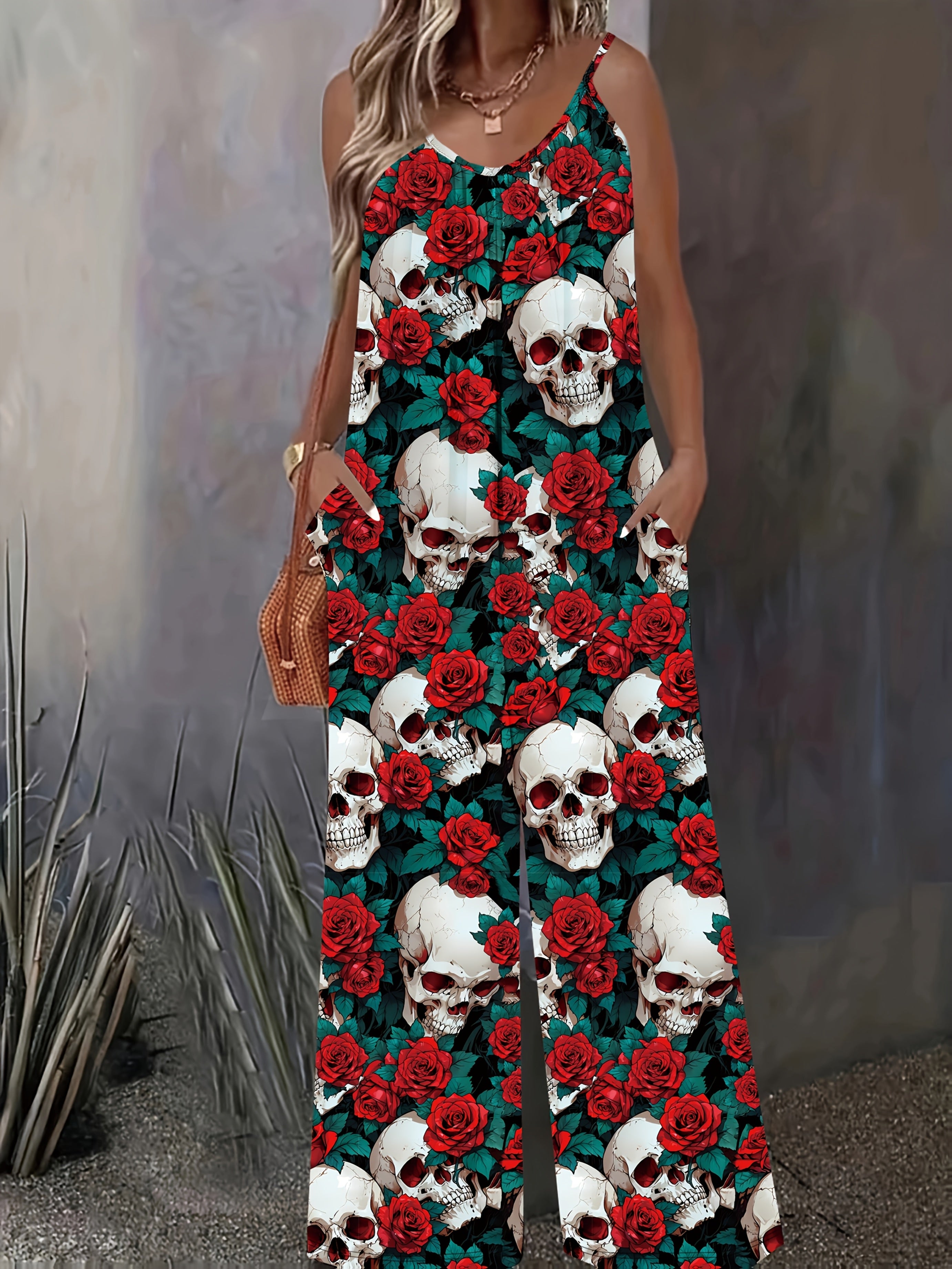 Women’s Floral Print Jumpsuit Polyester Spandex Crew Neck All Seasons