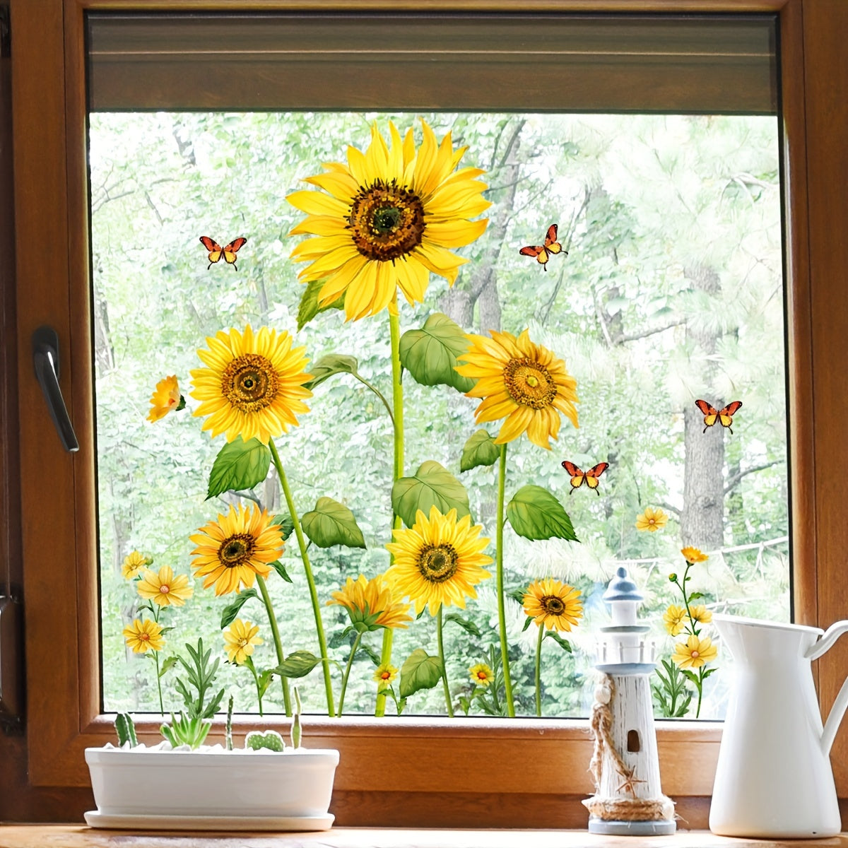 Sunflower Butterfly Window Film Static Cling Vinyl Decals Reusable Clear Decorative Glass Cling