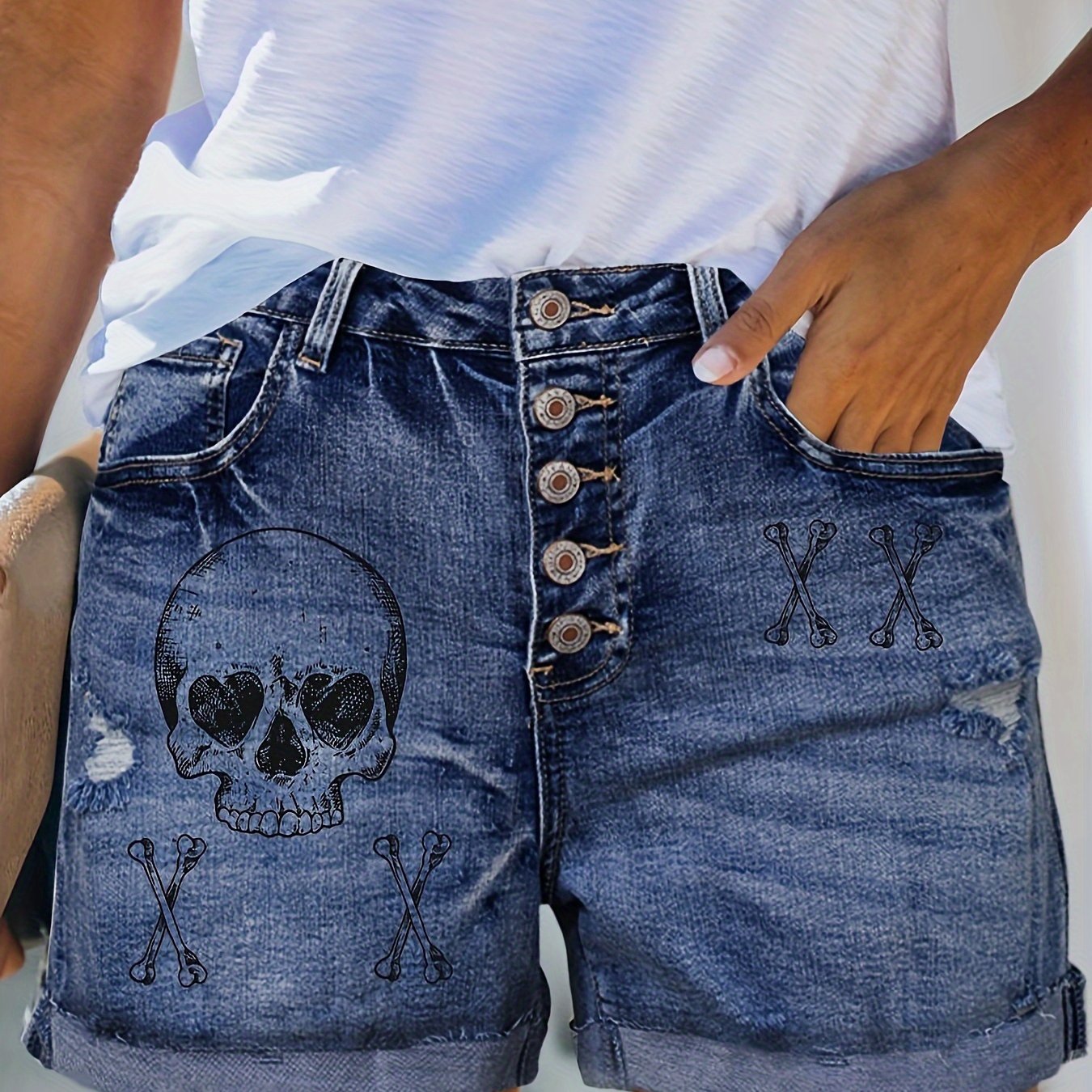 Женские рваные джинсовые шорты с готическим панком и принтом черепа, большой размер, высокая эластичность