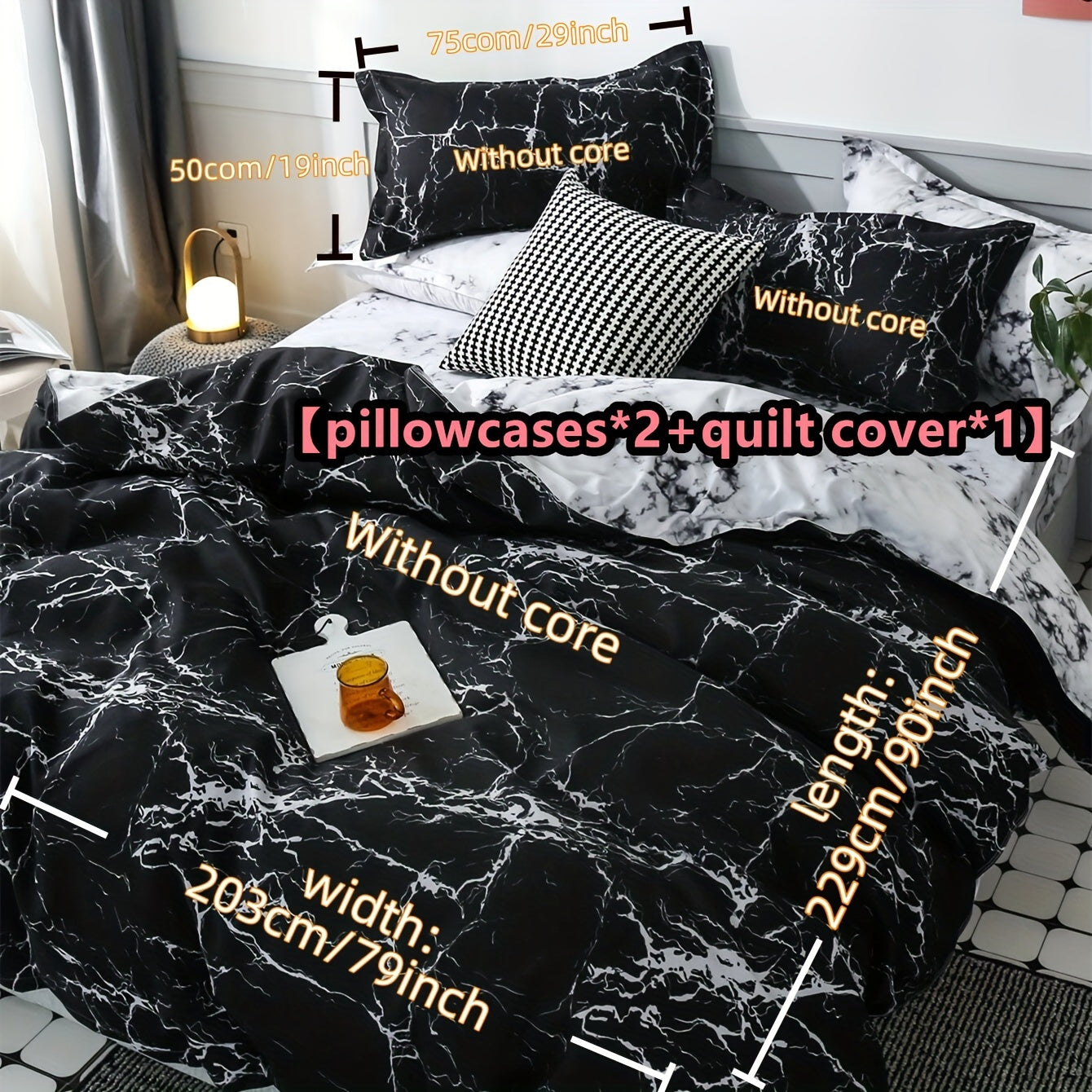 Black Marble Duvet Cover Set with Pillow Cases Soft Bedding 2 or 3 Pieces
