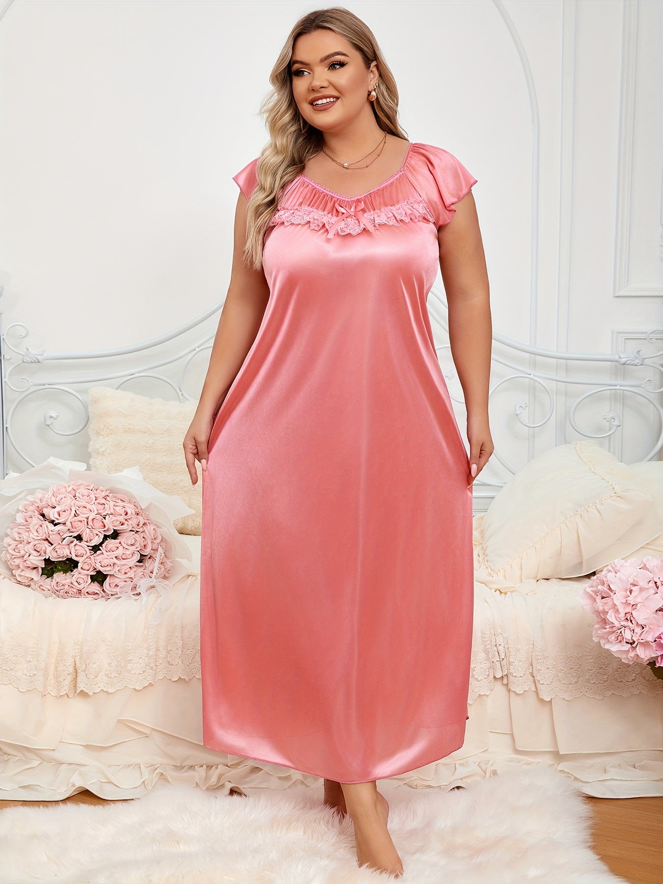 Women's Plus Size Satin Sleep Dress with Lace Bow and Ruffle Sleeves