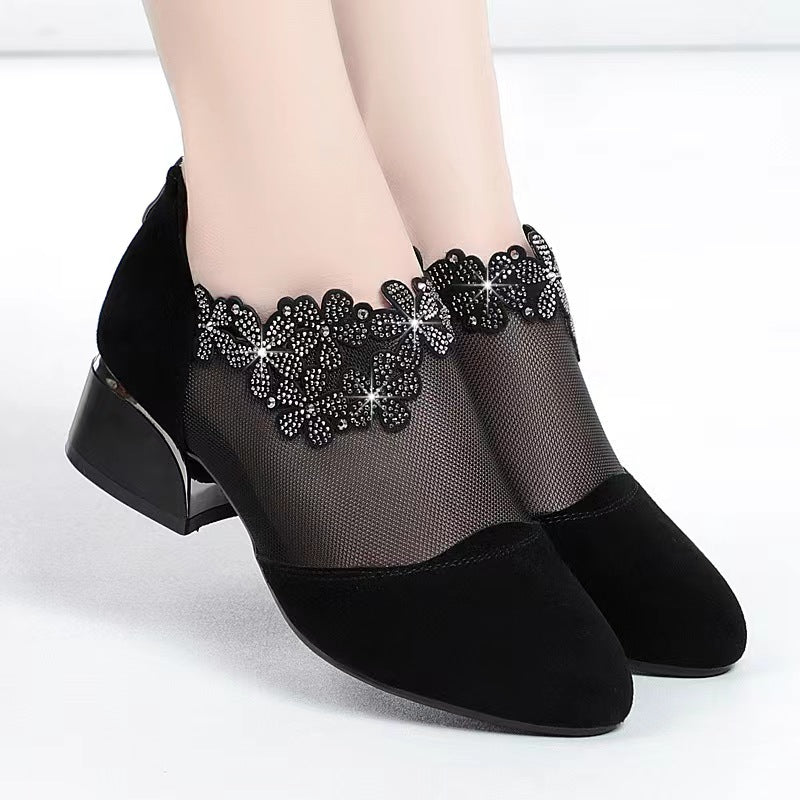 Women's Mesh Rhinestone Block Heel Zipper Dress Shoes