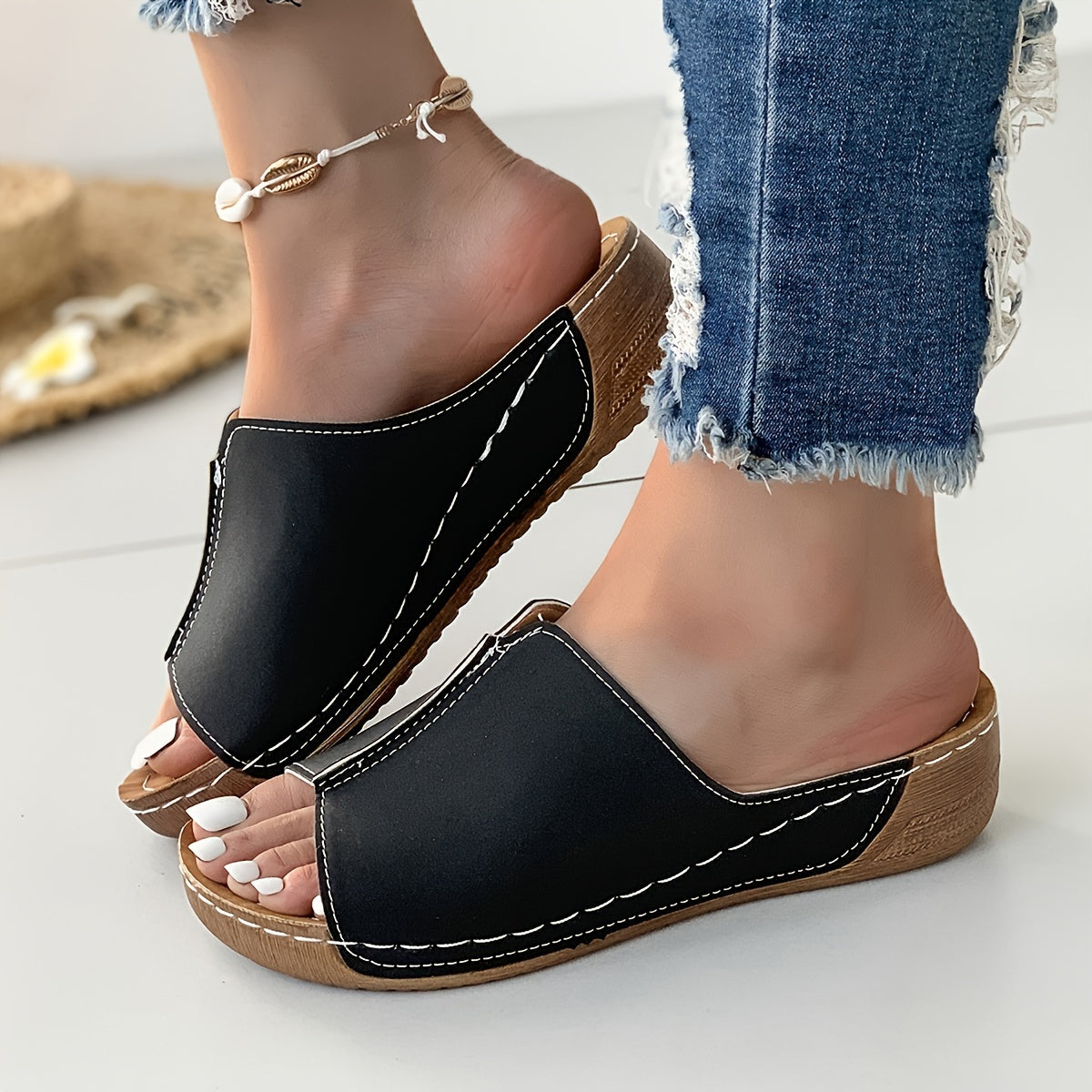 Women's Faux Cover Slip-On Sandals Mid-Heel Round Toe Casual All-Season