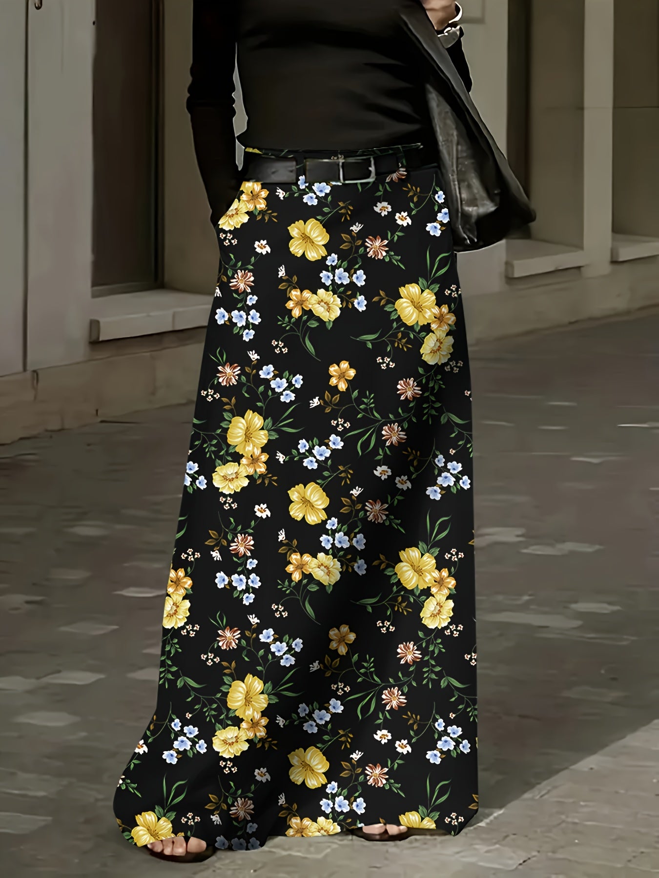 Plus Size Floral Print Midi Skirt With Pockets Polyester All-Season