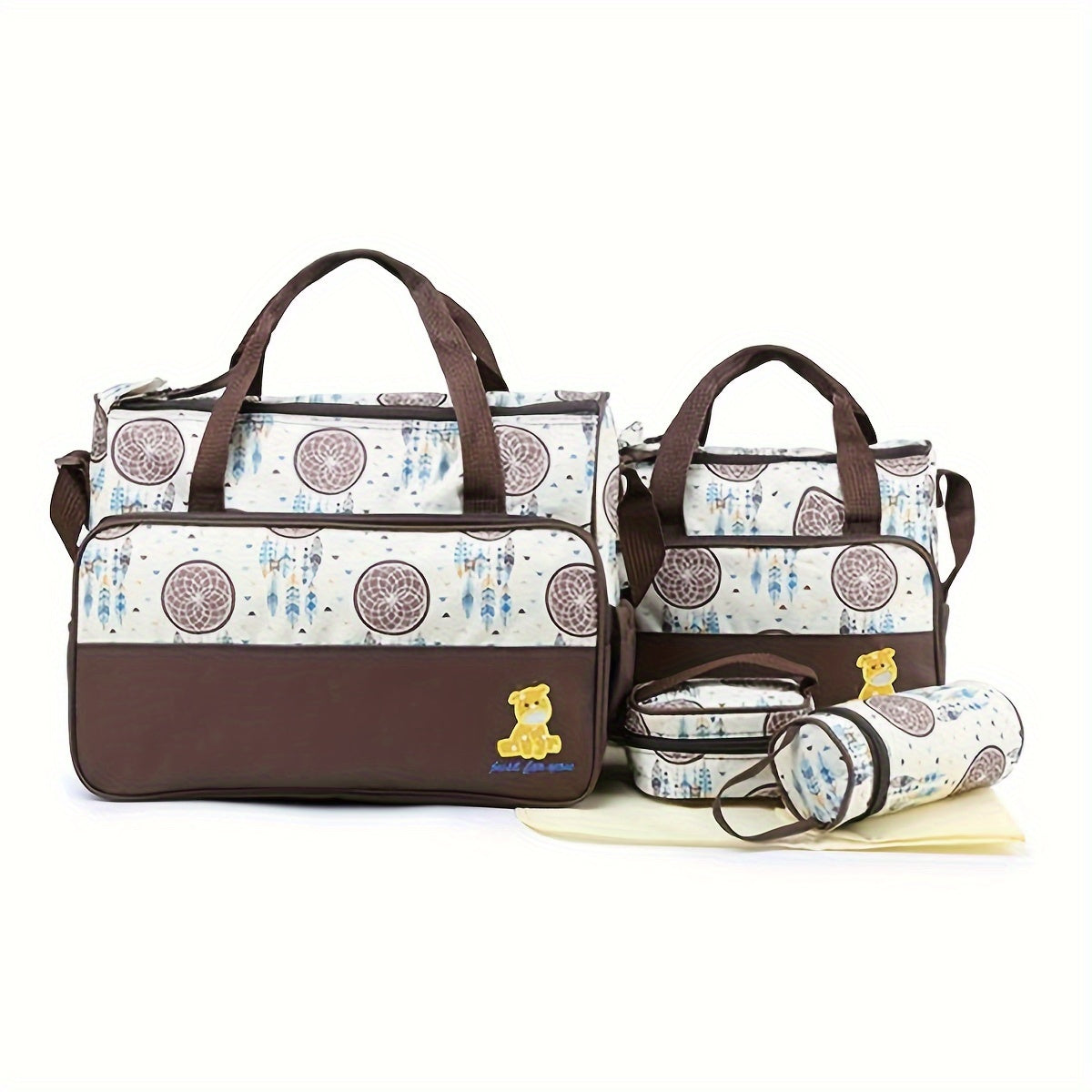 5-Piece Geometric Print Diaper Bag Set with Shoulder Strap for Parents