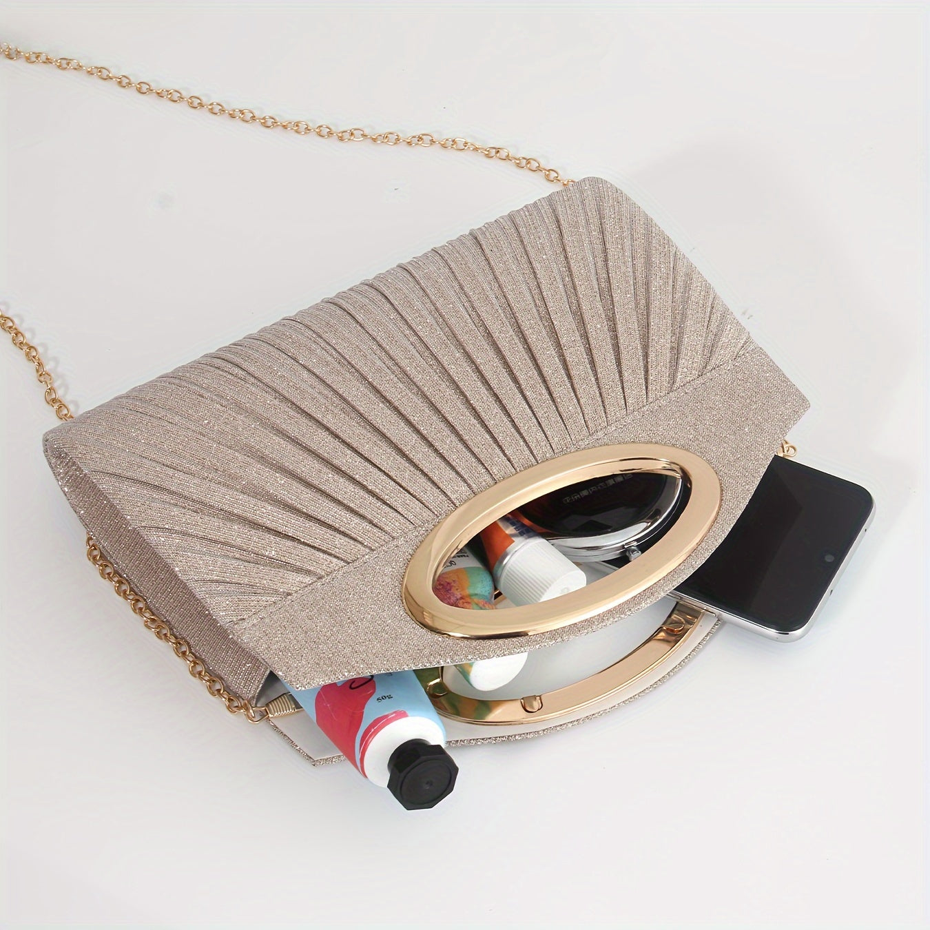 Glitter Clutch Bag with Metal Ring Handle and Removable Crossbody Strap for Weddings and Parties