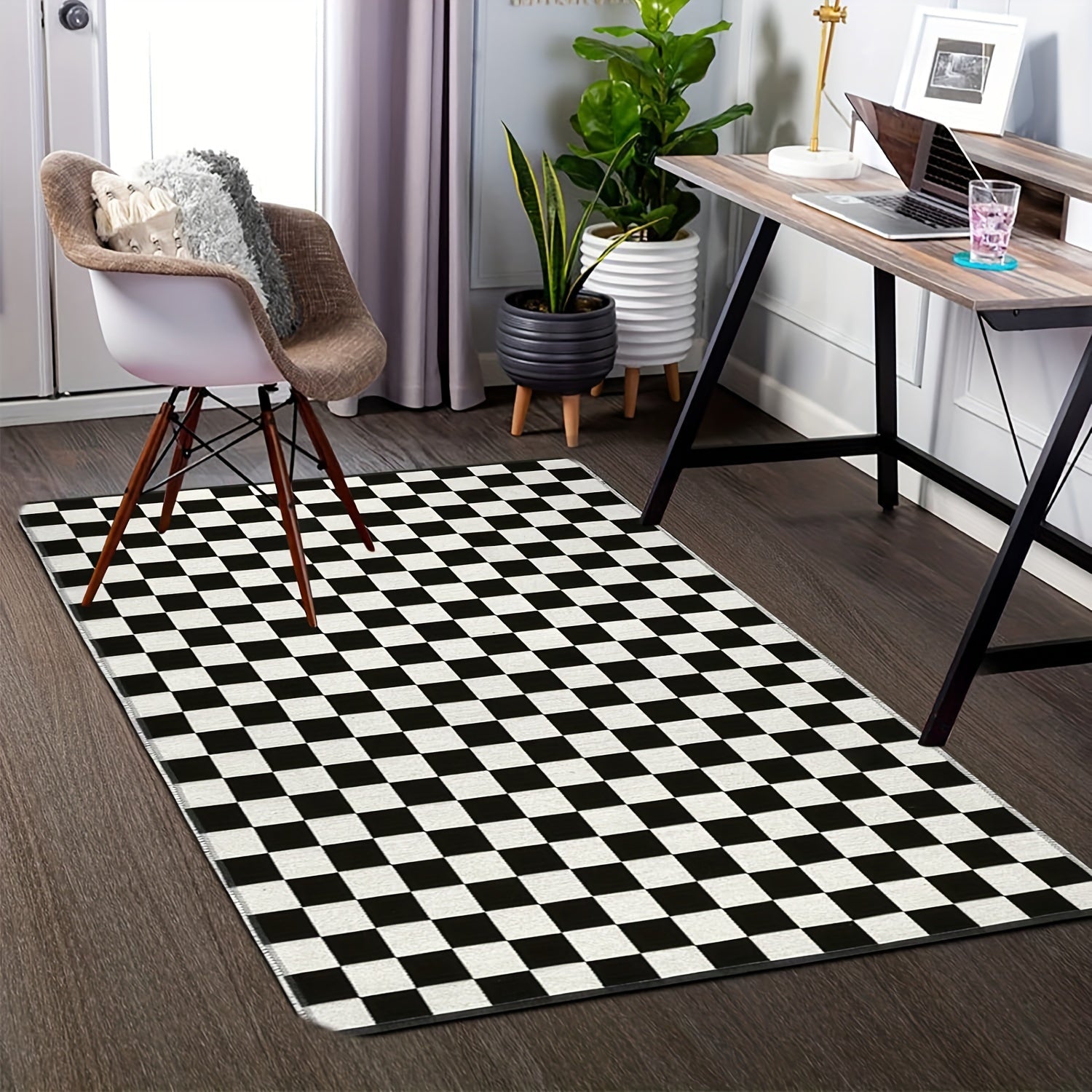 Black and White Checkered Carpet Non-Slip Polyester Indoor Floor Mat