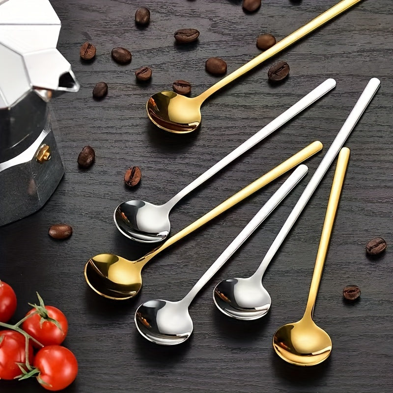 Set of 4 Gold Stainless Steel Long-Handled Spoons for Coffee, Ice Cream, and Honey