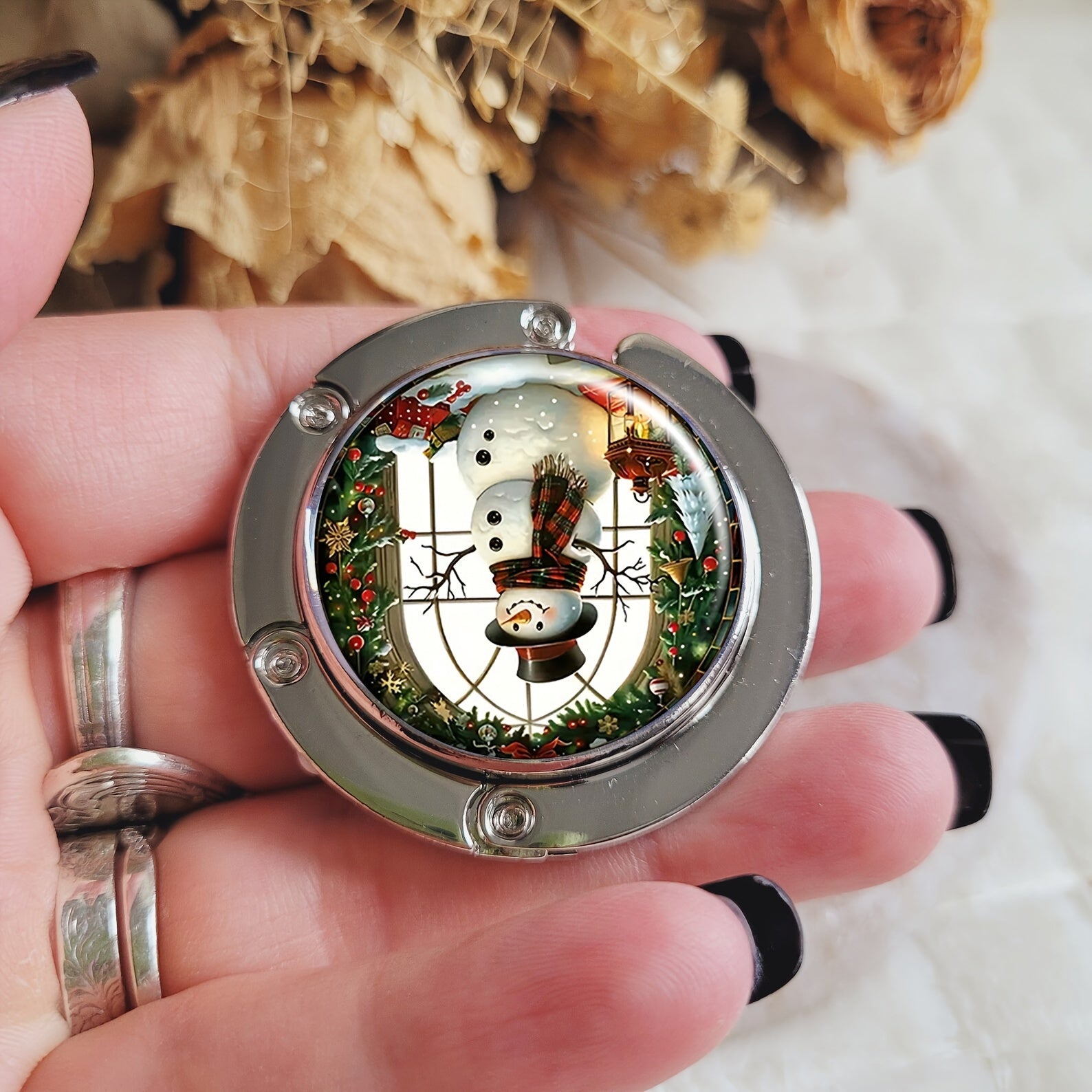 Folding Handbag Hook Zinc Alloy Vintage Snowman Design Portable Purse Hanger