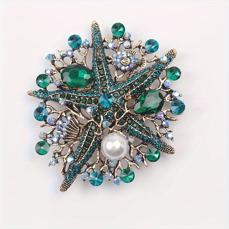 Ocean-Themed Starfish Rhinestone Brooch Pin with Faux Pearl Details for Women