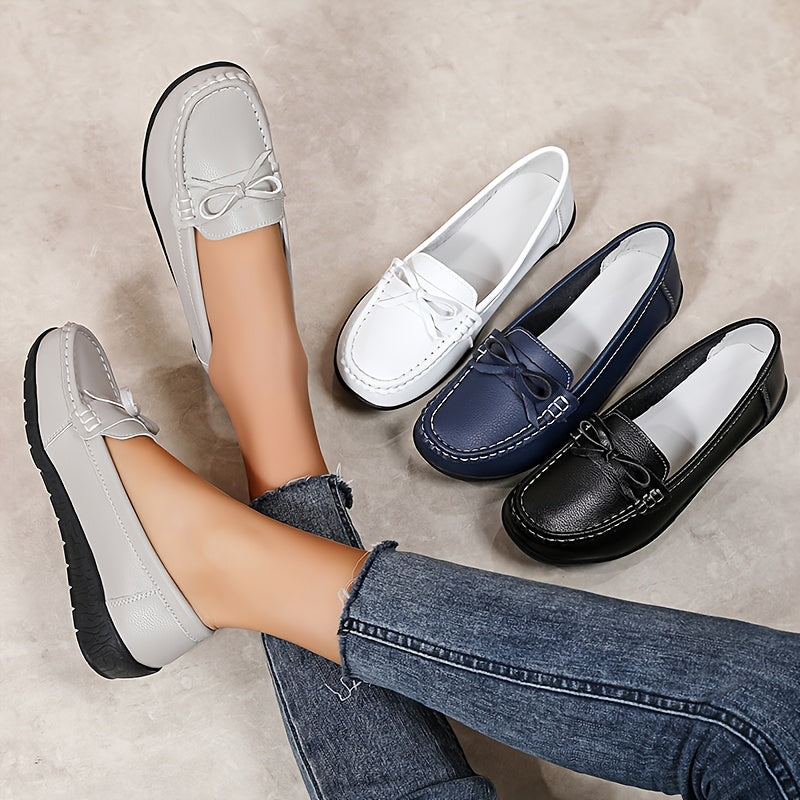 Women's White Faux Leather Loafers with Bow Slip-On Flats for Casual and Nurse Use
