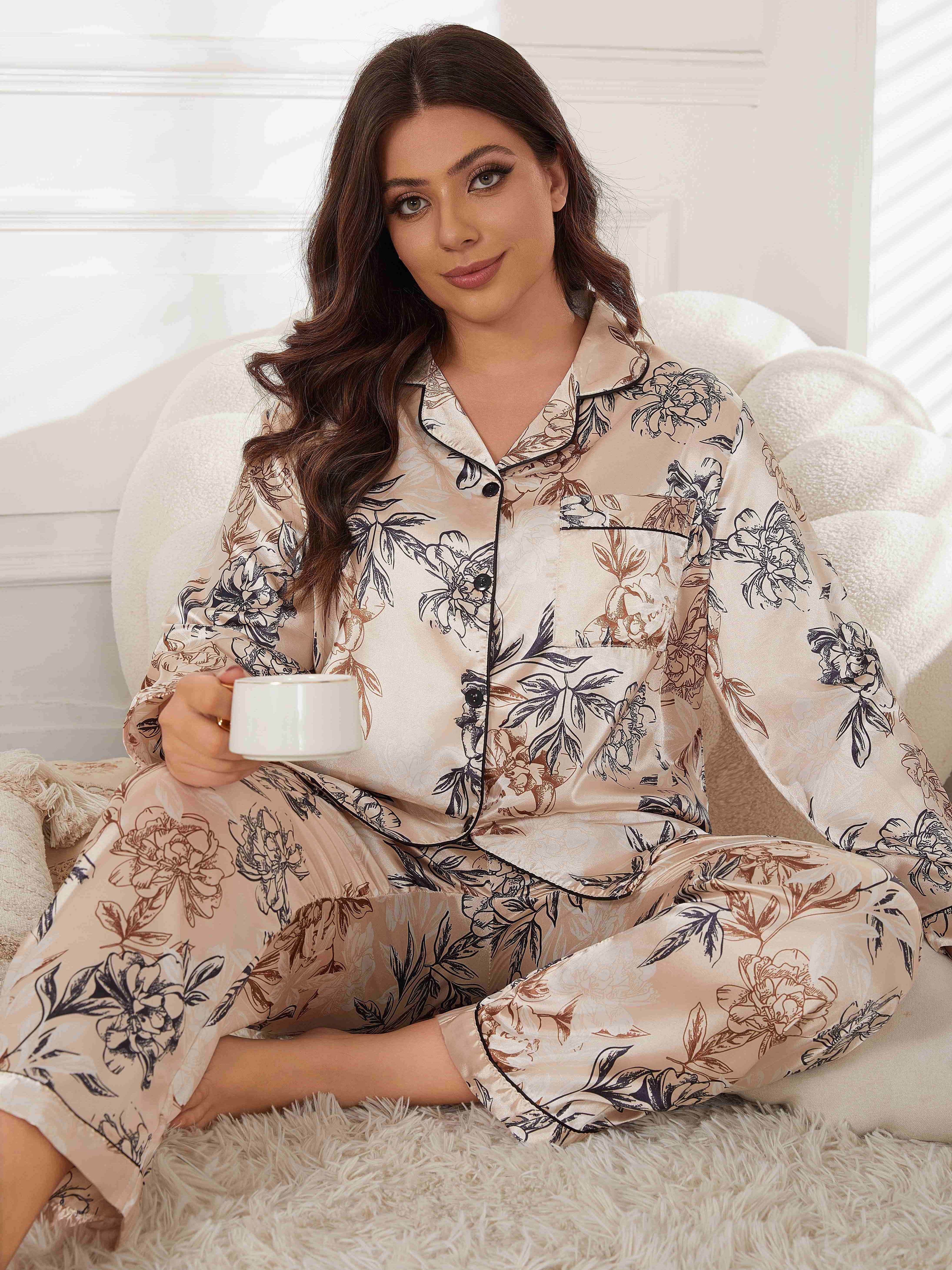 Plus Size Floral Satin Loungewear Set for Women Long Sleeve Pajamas