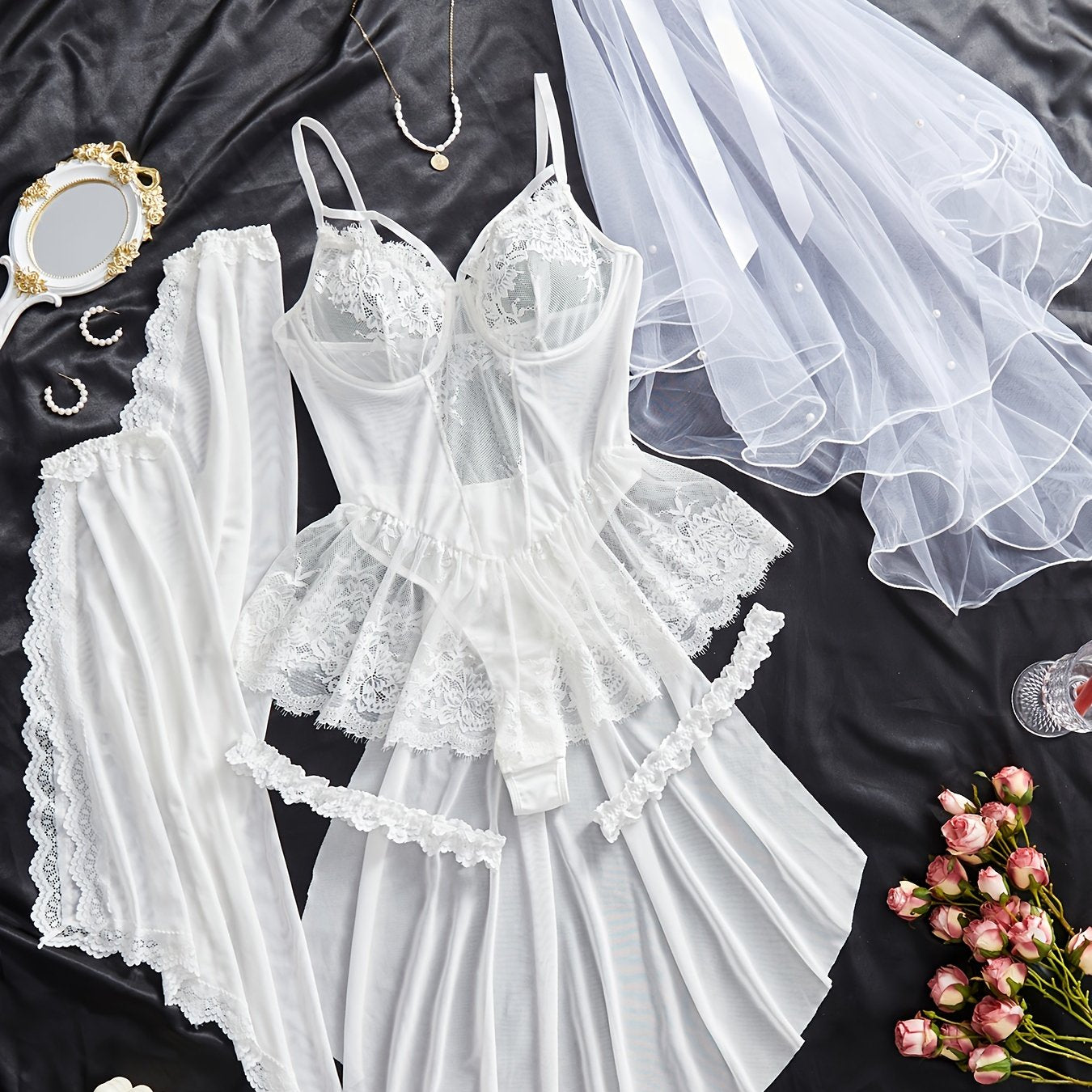 Women's Floral Lace Lingerie Set with Ruffle Bodysuit Sleeves and Leg Rings