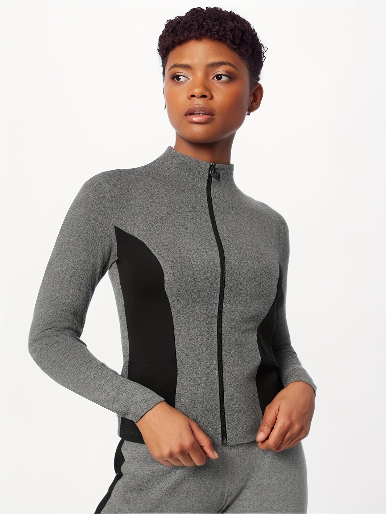 Chaqueta atlética de tallas grandes para mujer, transpirable y elástica, con cremallera para correr, negra y gris