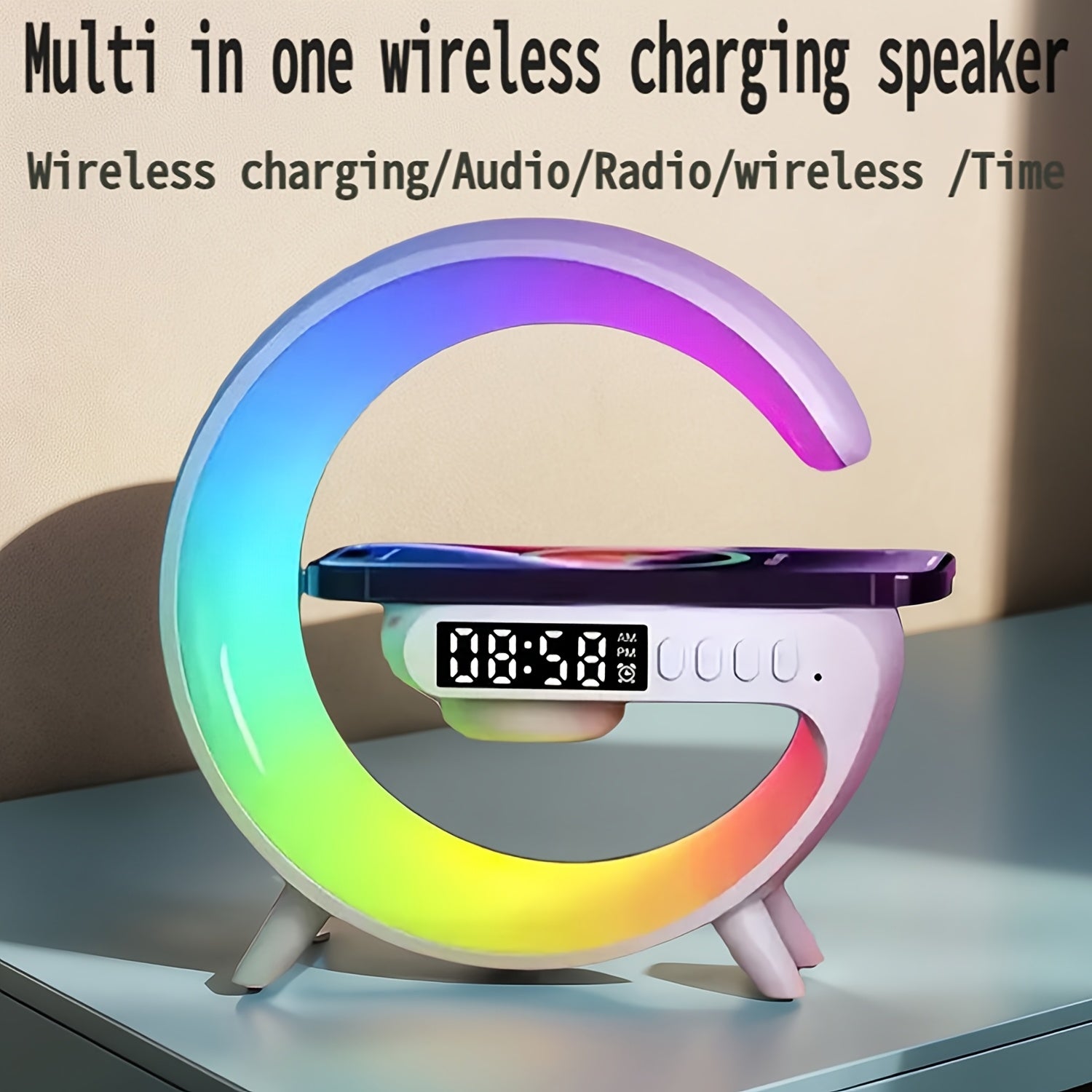 White Noise Smart Alarm Clock Wireless Charging Speaker Ambient Lamp USB Port