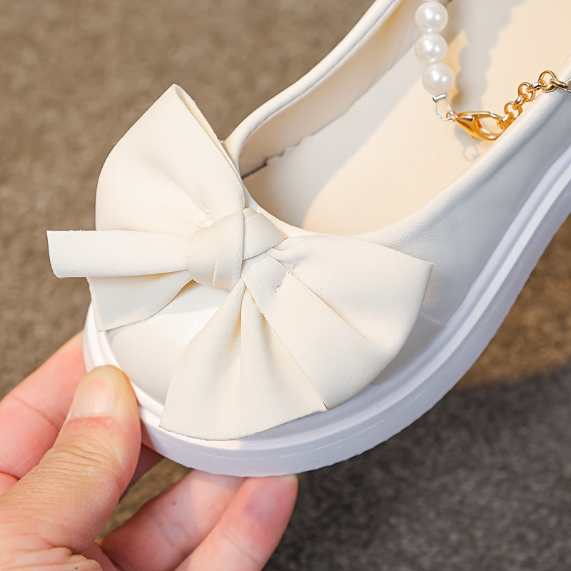 Girls' PU Mary Jane Flats with Pearl and Bow Accents for Parties and Casual Wear