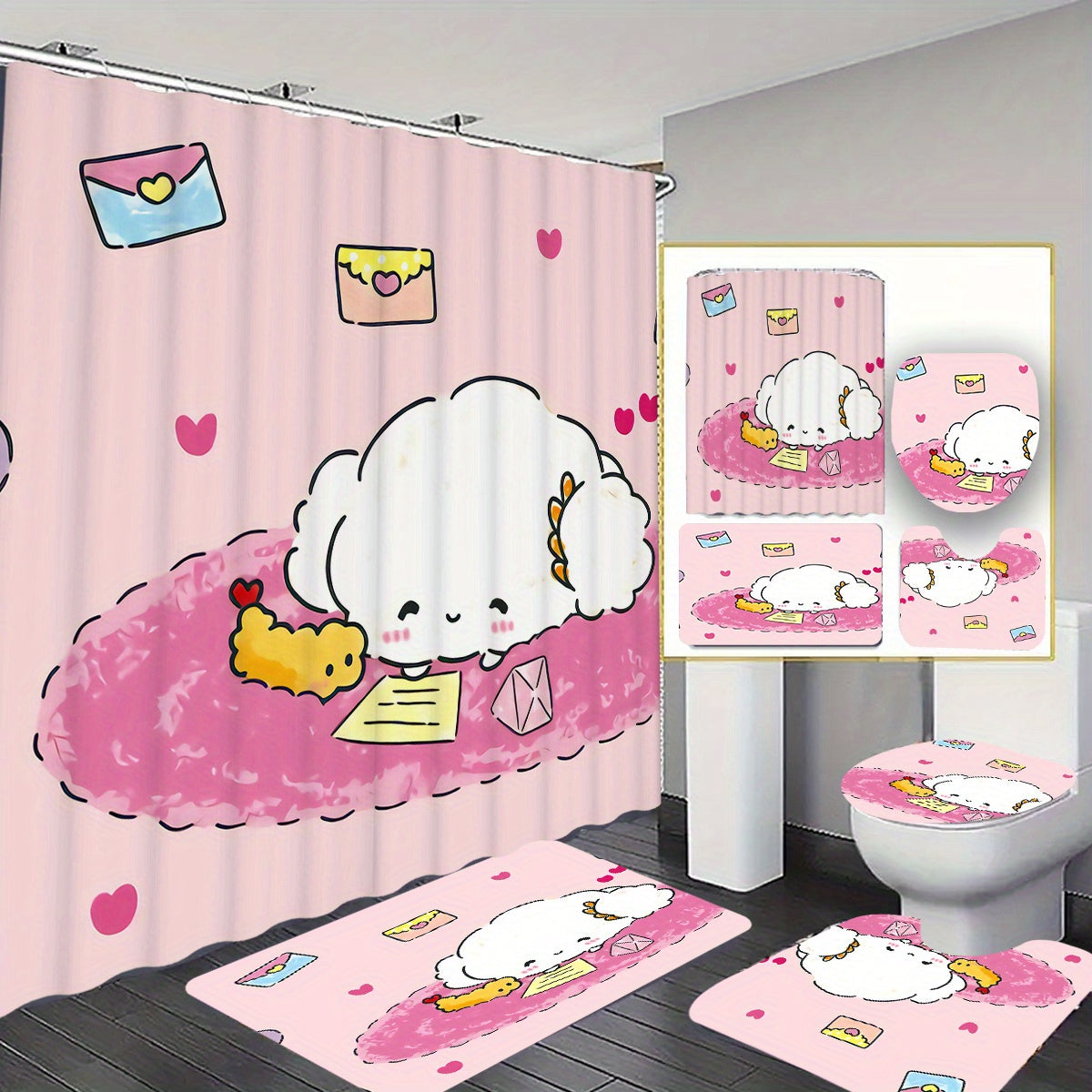 Set of 4 Cartoon Shower Curtains with Hello Kitty My Melody Kuromi Little Twin Stars Waterproof Polyester Bath Decor