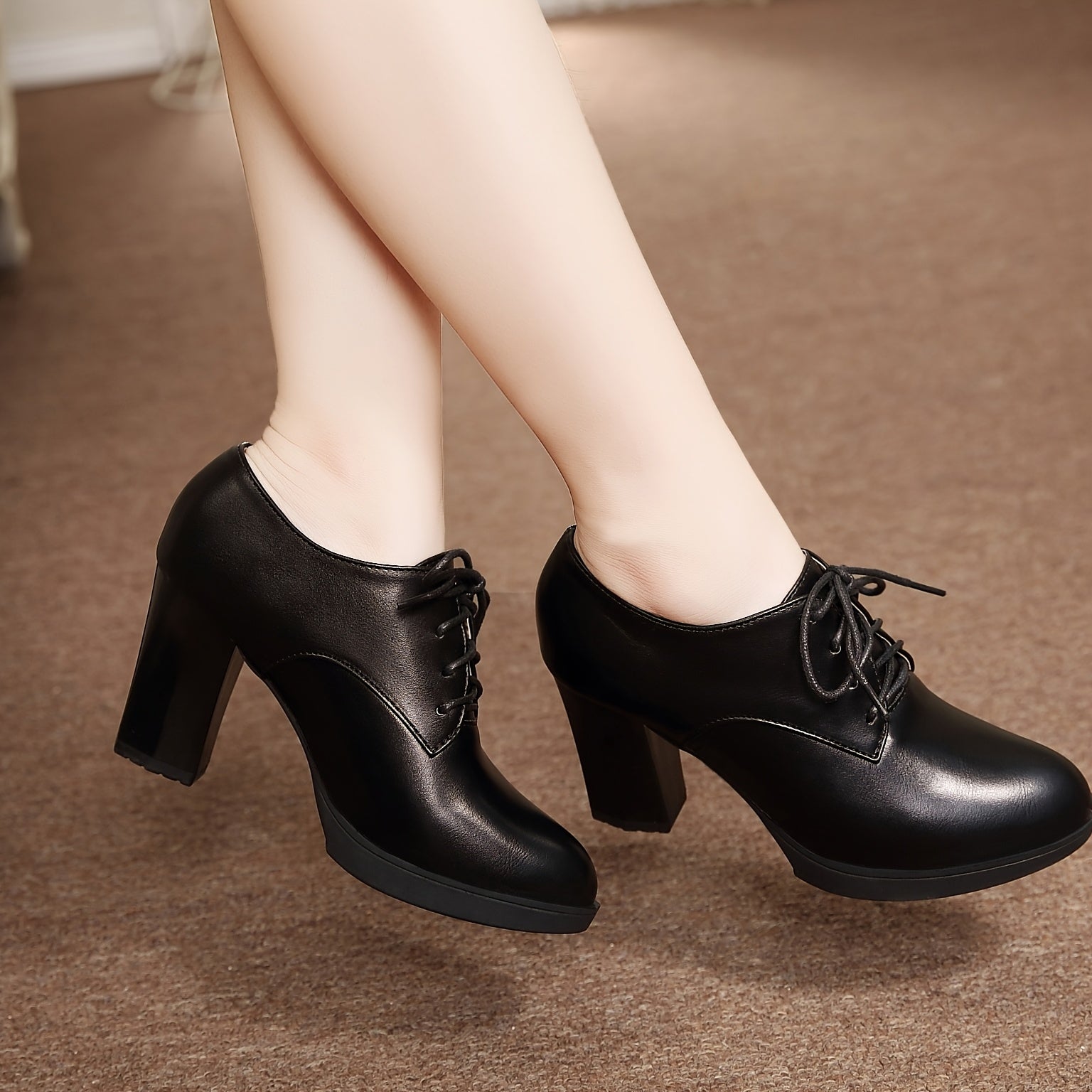 Women's Synthetic Retro Round Toe Chunky Heel Pumps Black All-Season Dress Shoes