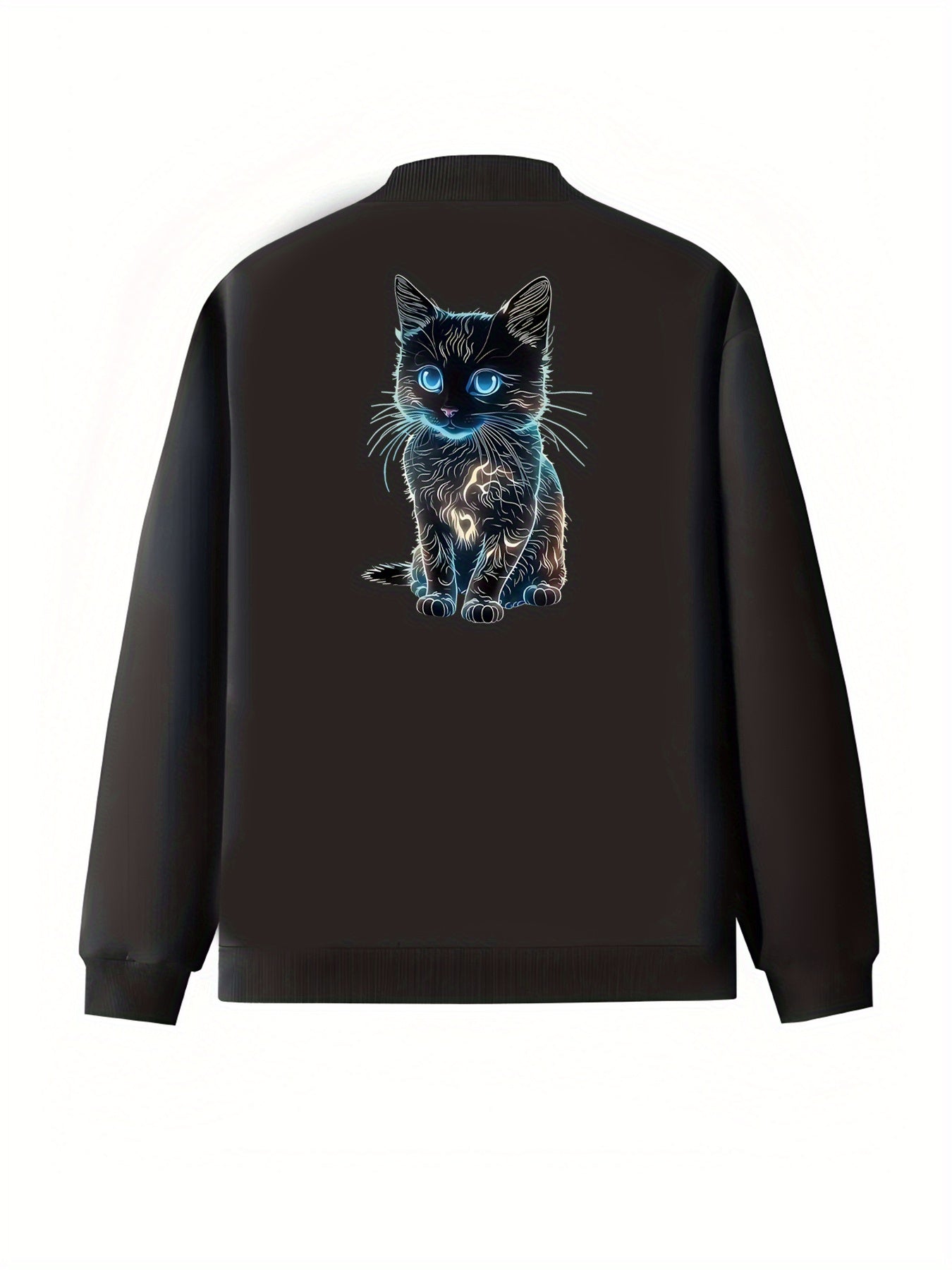 Women's Plus Size Casual Jacket with Cat Print Long Sleeve Zip-Up Black Blue White