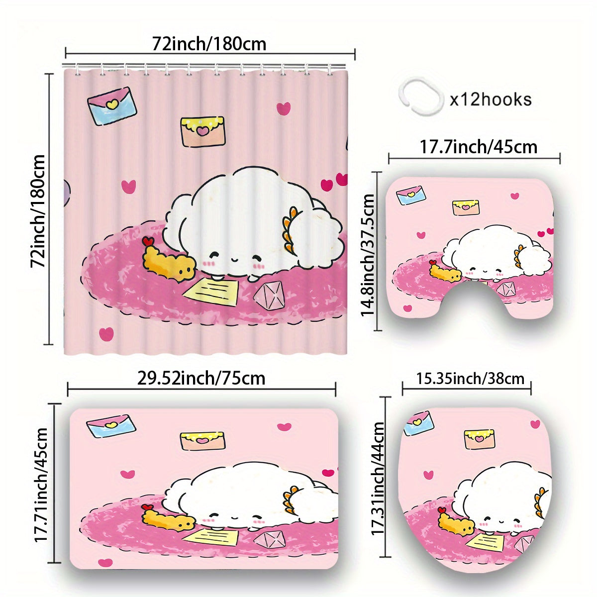Set of 4 Cartoon Shower Curtains with Hello Kitty My Melody Kuromi Little Twin Stars Waterproof Polyester Bath Decor