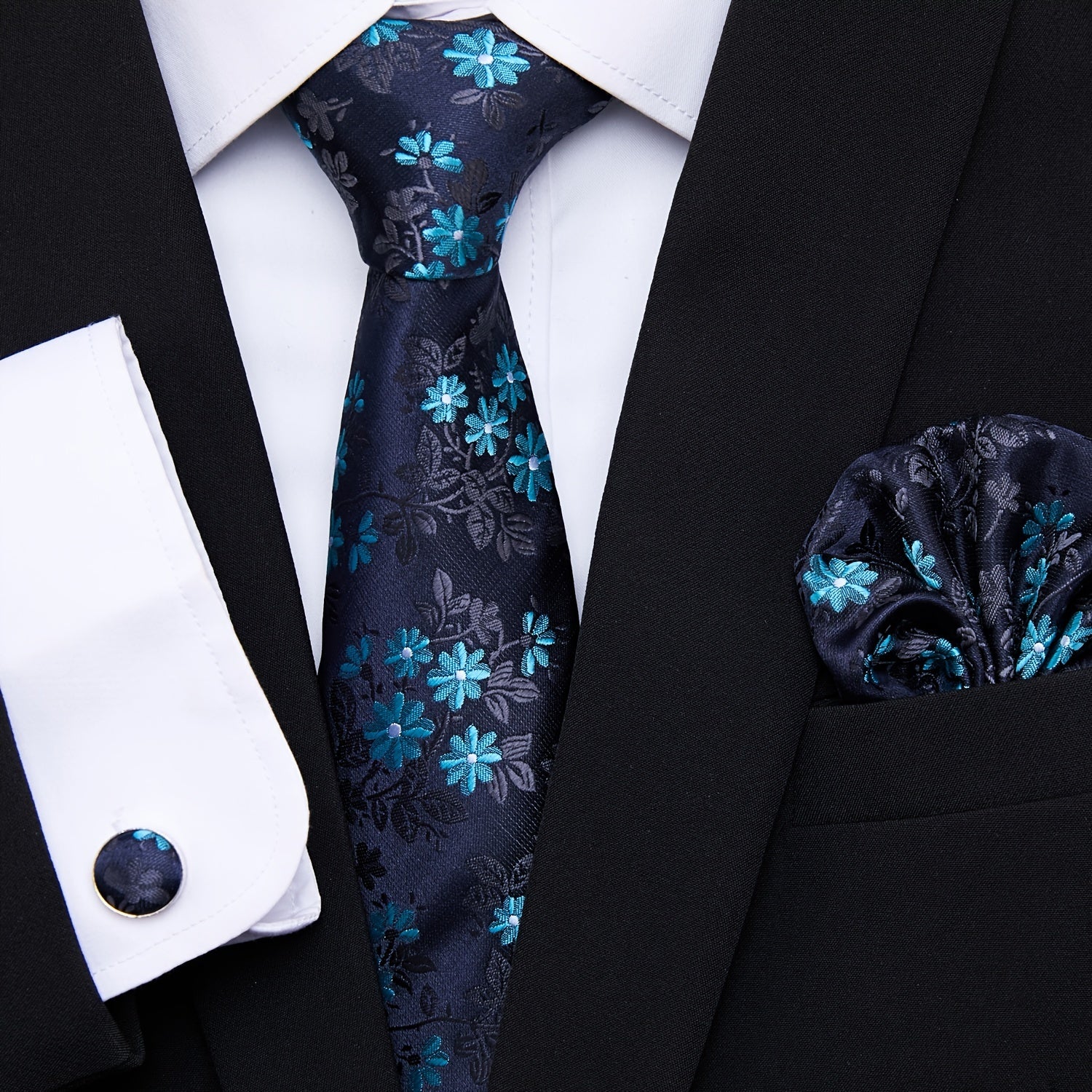 Men's Blue Jacquard Floral Tie Set with Pocket Square and Cufflinks for Weddings and Formal Events