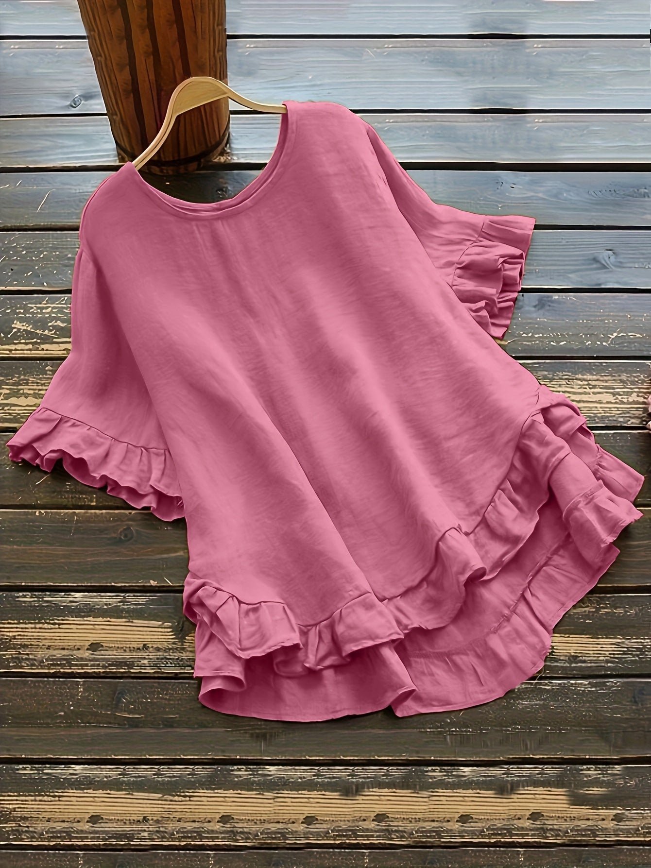 Blusa de manga campana de talla grande para mujer, con volantes, parte frontal corta y parte trasera larga, color negro, tela suave