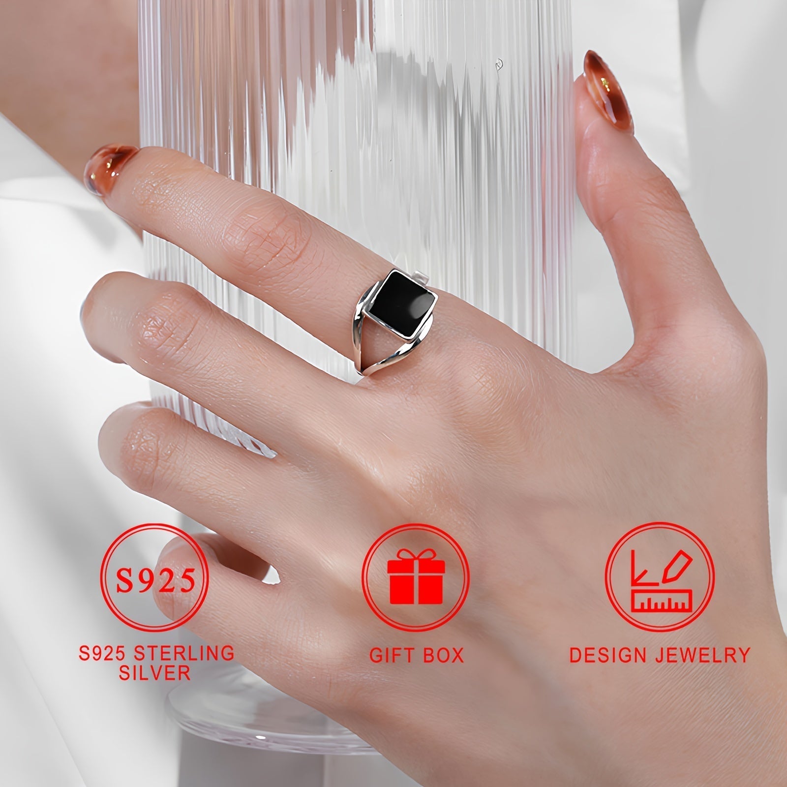 Кольцо из серебра S925 с позолотой 18K, 2,8 г, с черным квадратным дизайном и изысканным мастерством капли масла, поставляется в высококачественной ювелирной подарочной коробке для мужчин и женщин, мотив подковы, электролитическое покрытие.