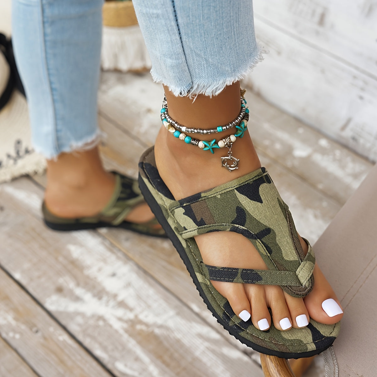 Women's Camouflage Flat Sandals Open-Toe Slip-On Summer Beach Slippers