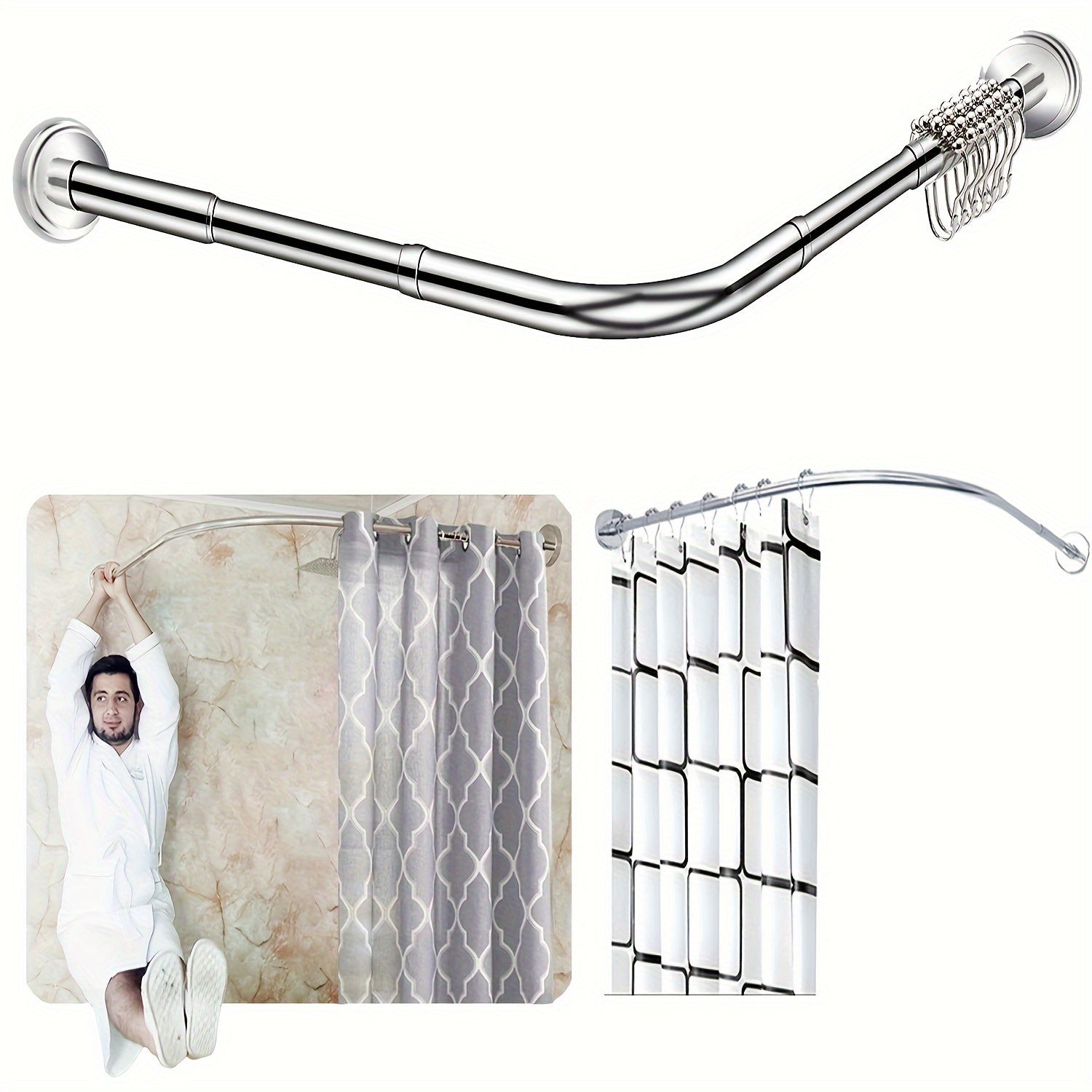 Oson o'rnatish uchun burg'ulashsiz moslashuvchan L-shaklidagi zanglamas po'latdan yasalgan dush pardasi tutqichi. Hammomlar, kiyim do'konlari va shaxsiy joylarda foydalanish uchun sozlanadigan o'lcham. O'rnatish uchun 5 ta vintni o'z ichiga oladi.