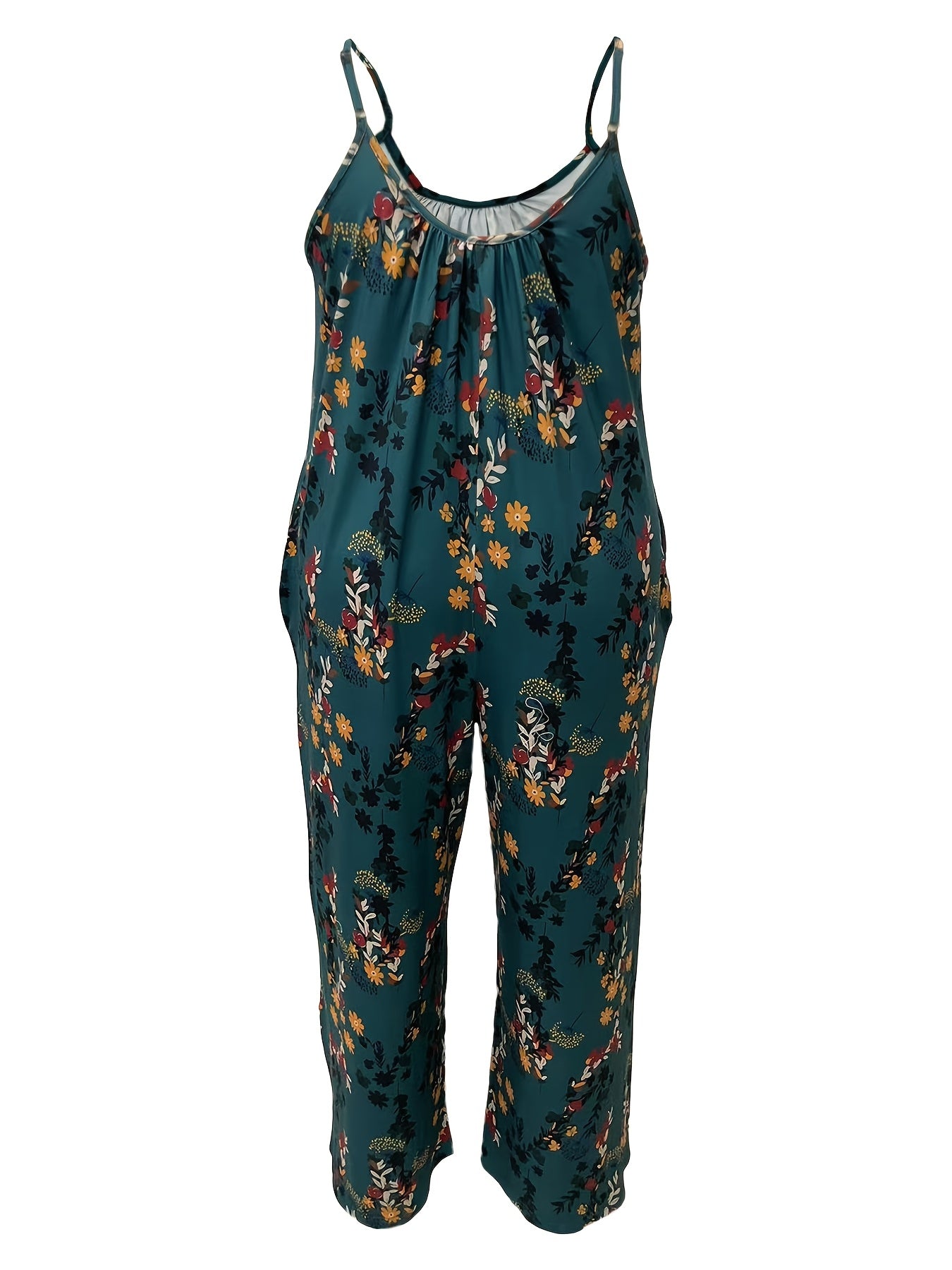 Plus-Size Casual Jumpsuit with 3D Floral Print Pockets Vacation Style